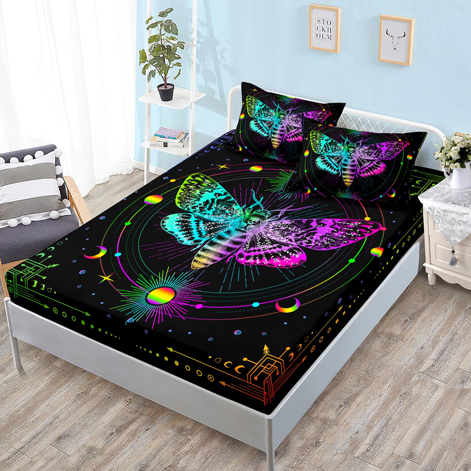Drap-housse gothique extensible lune et étoiles pour lit adulte
