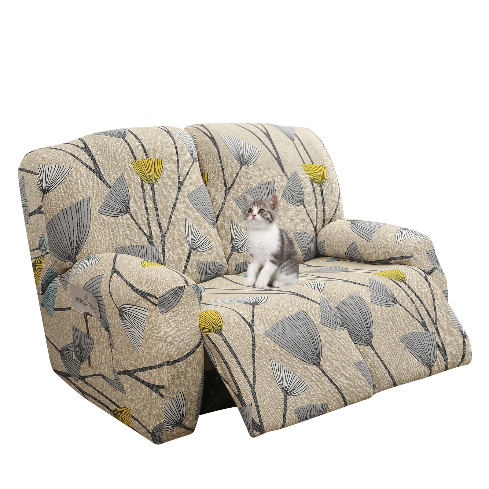 Jaotto Copridivano Relax 2 Posti Reclinabile, Fodere Copripoltrona 1 Posto Relax Universale con Tasche, 6-Pezzi Copridivano Fantasia Lavabile, Coperture per Divano da Massaggio,Foglie Beige