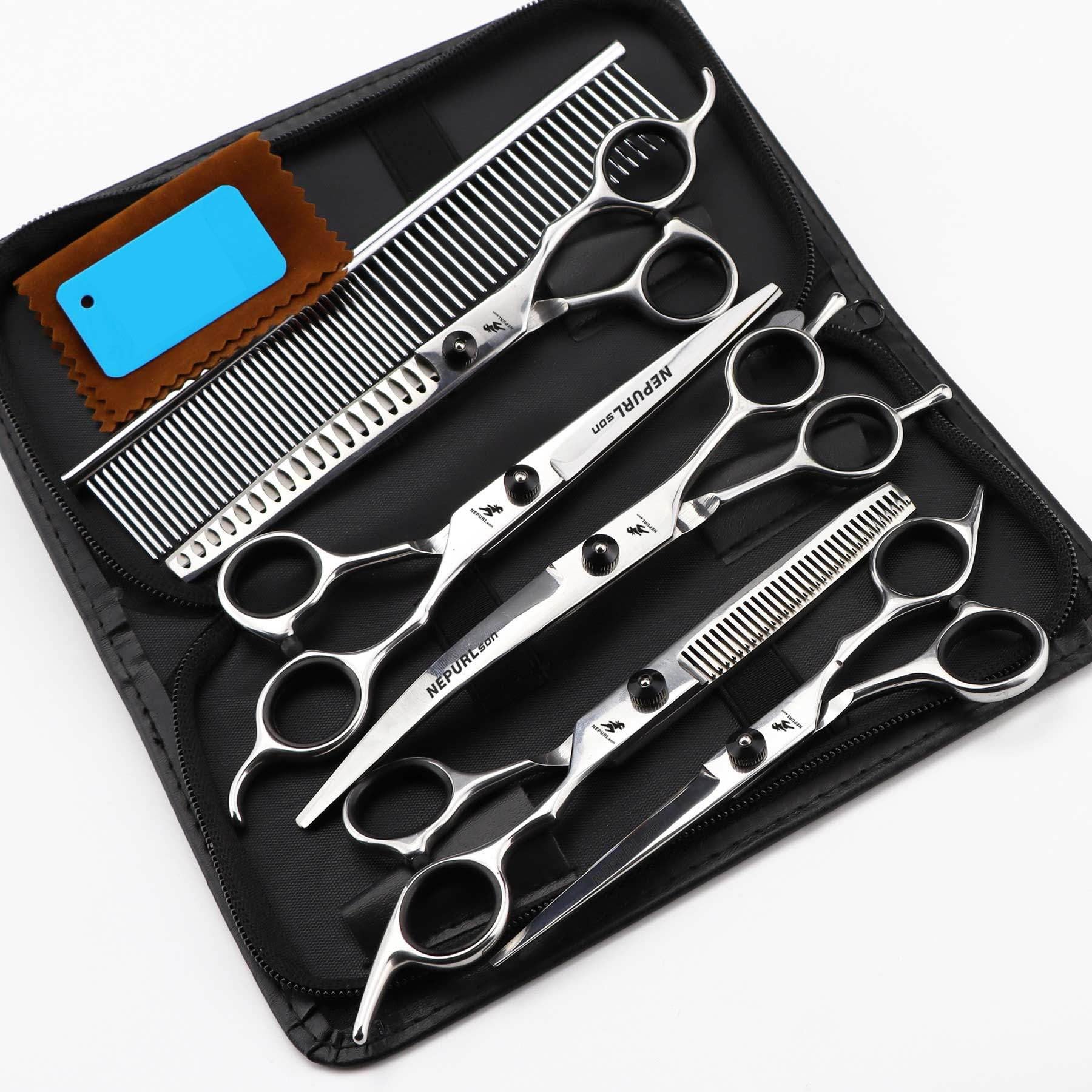 7.0 Pouces Kit Professionnel de Ciseaux à Toilettage des Animaux, 6 en 1 : Ciseaux Droits, Dégraissants, Courbés Vers le Haut, Courbés Vers le Bas et Peigne, Pour Chiens, Chats et Plusieurs Animaux