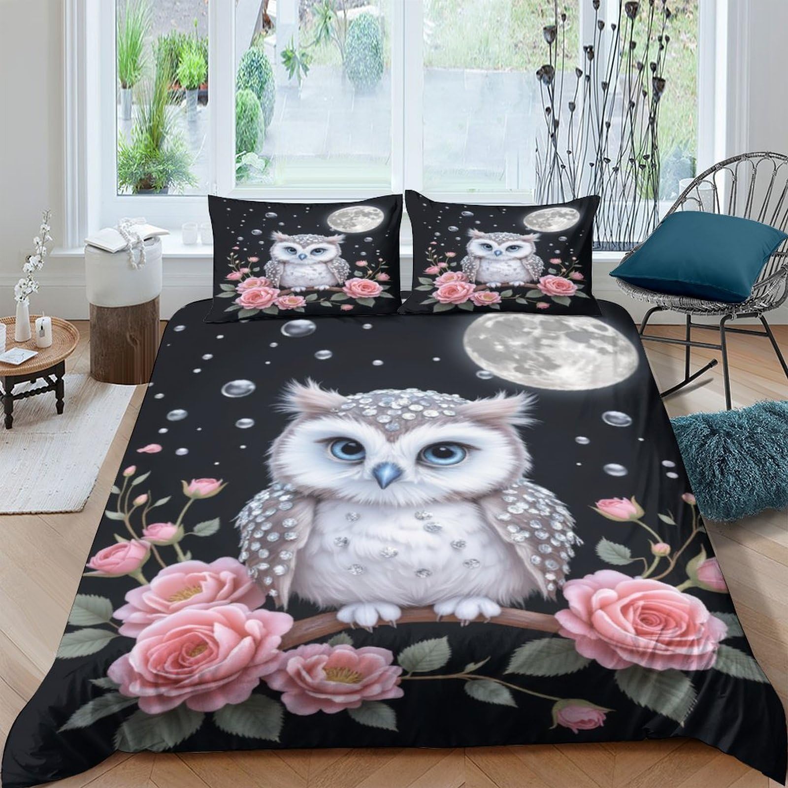 Ctjqhvkz Style-1 3D Printed Moon Owl Fitted Sheet Microfiber Soft Flower Bed Cover Anti-Slip Washable Bedroom Dorm Mattress Protector Single（135X200cm）