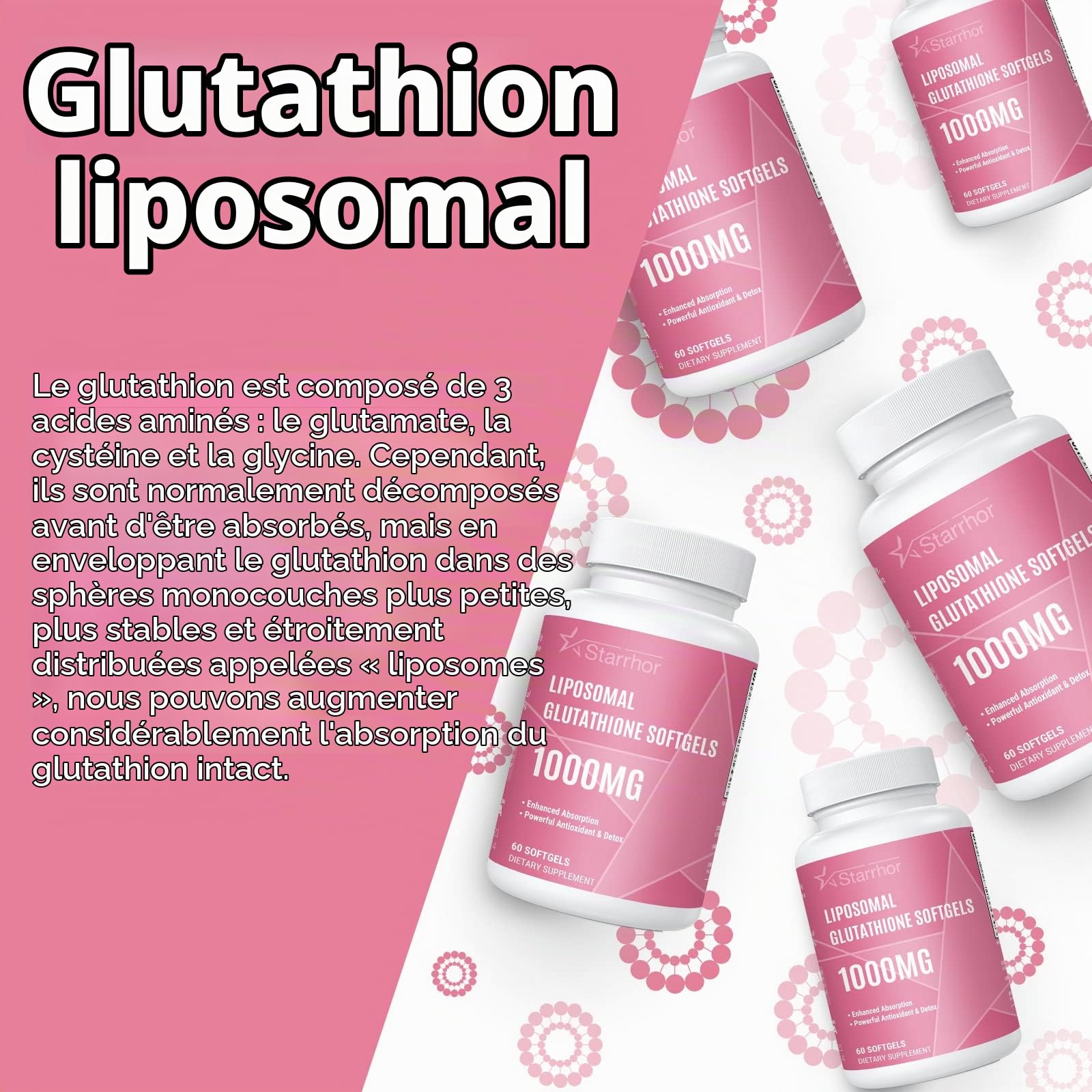 Glutathion Liposomal en Gélules, 1000 mg par Portion, Formule Liposomale Haute Puissance, Supplément Alimentaire, 60 Gélules