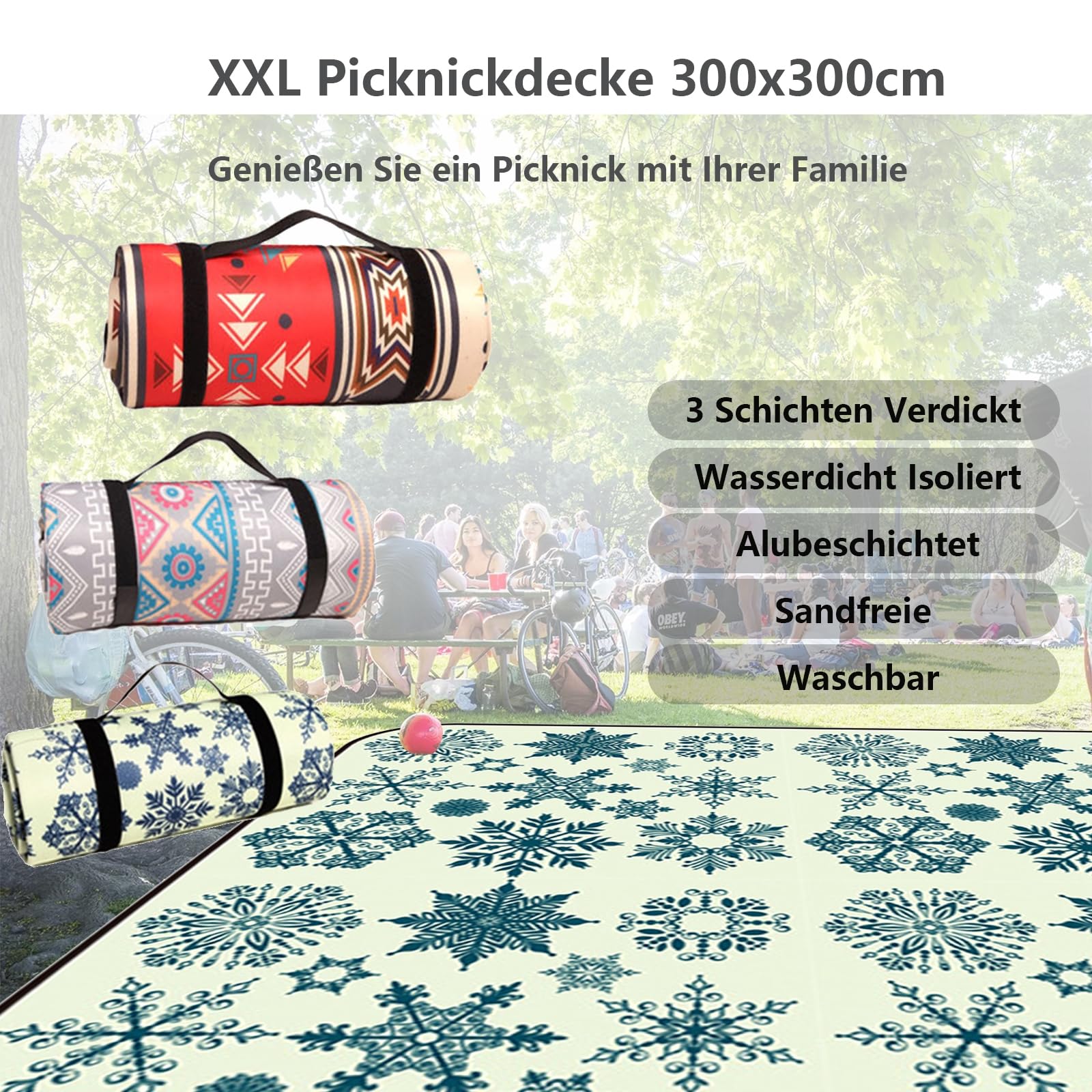 Bardzo duży koc piknikowy 300 x 300, koc piknikowy, wodoodporna mata piknikowa z paskiem do noszenia, na kemping, do parku, ogrodu, na plażę, na zewnątrz, można prać w pralce, składany i przenośny, A
