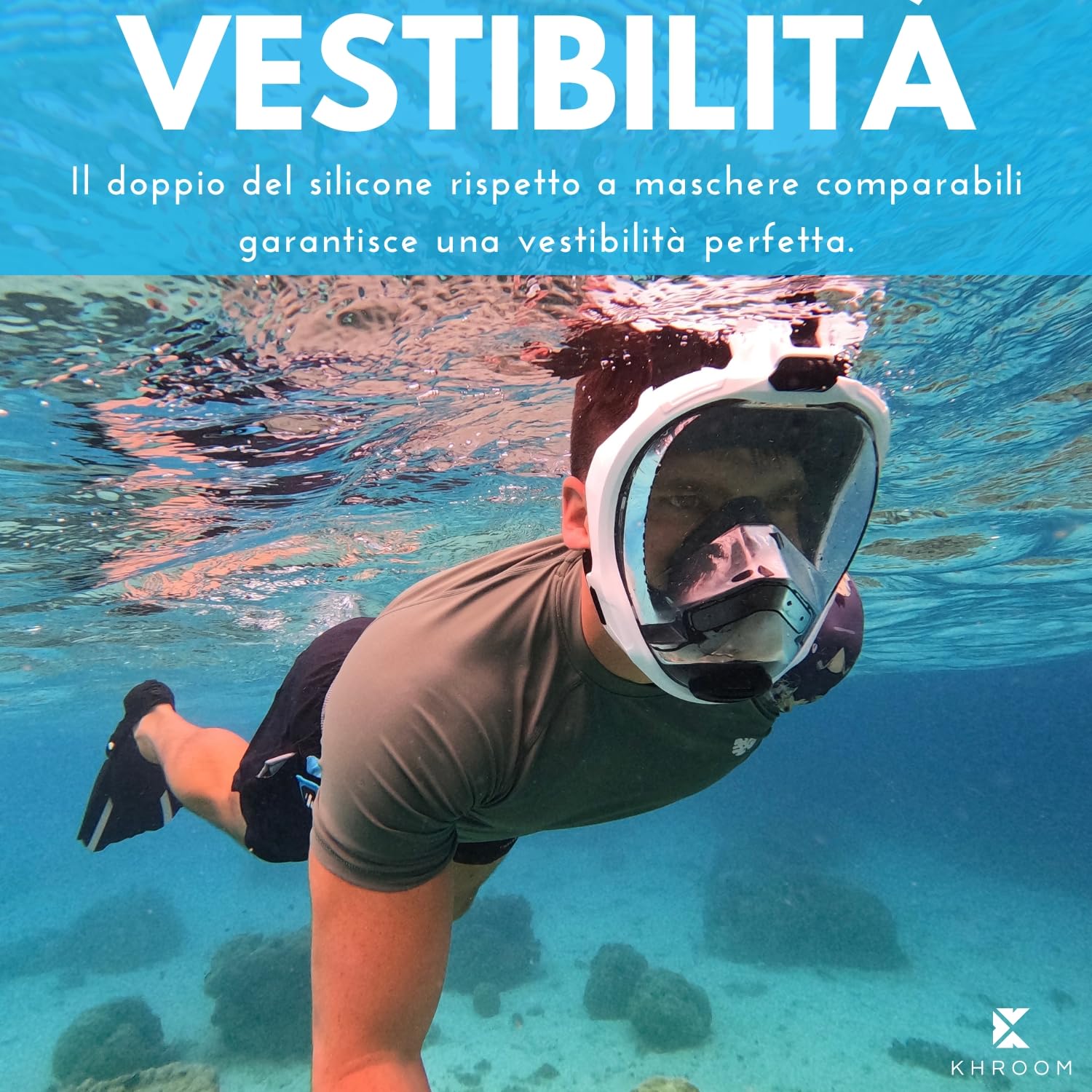 Khroom Maschera Snorkeling Integrale Adulti Seaview Pro | Full Face Subacquea con Boccaglio | Sicura da CO2 | Antiappannamento | Silicone Morbido | Set Immersione Mare