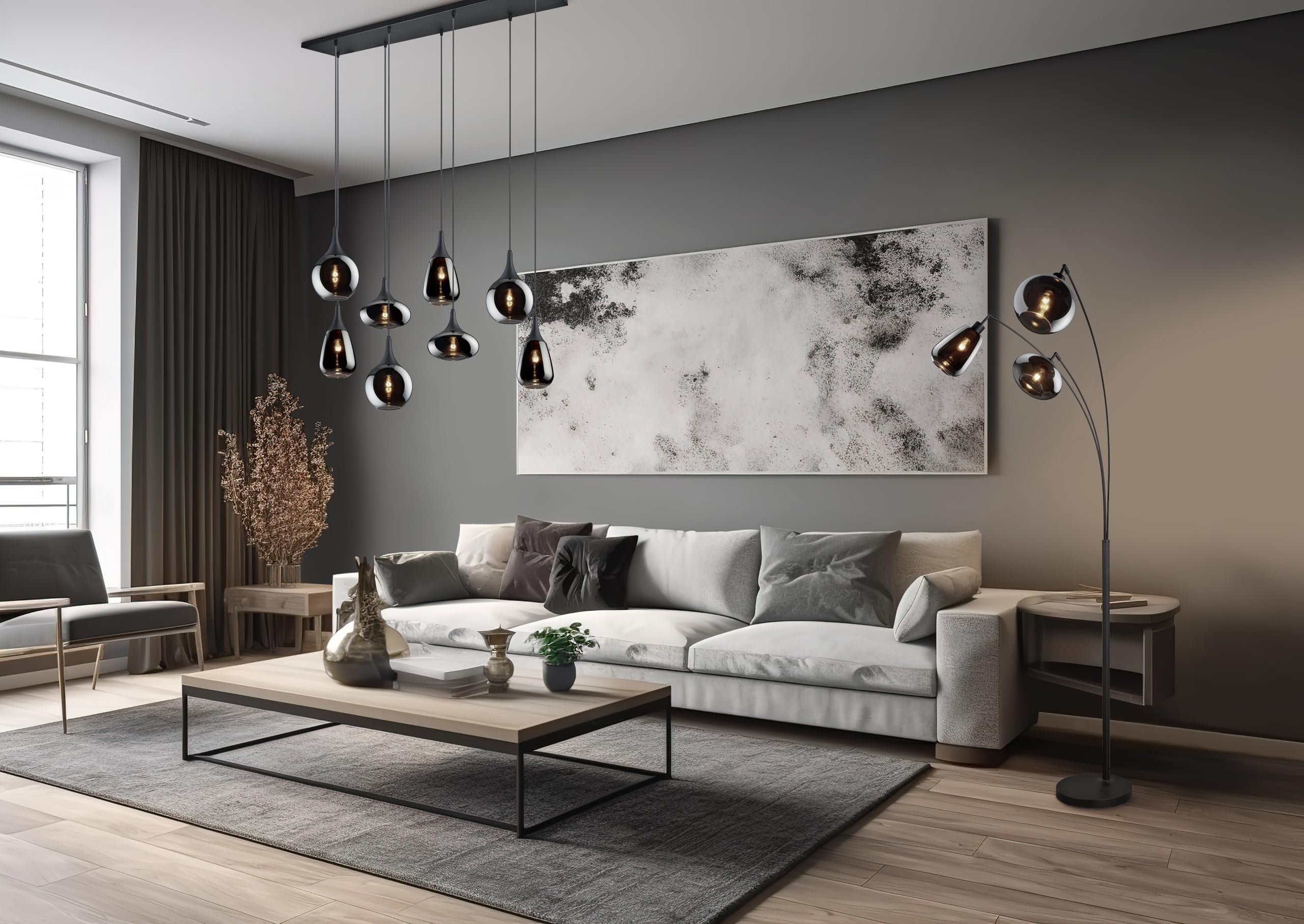 Ludmila Stehlampe, 3-flammige Stehleuchte für Wohnzimmer oder Schlafzimmer, Schirm aus Glas, Fußschalter, Höhe: 200 cm, Breite: 71 cm, Metall schwarz matt, exkl. 3 x E14, Max: 40W