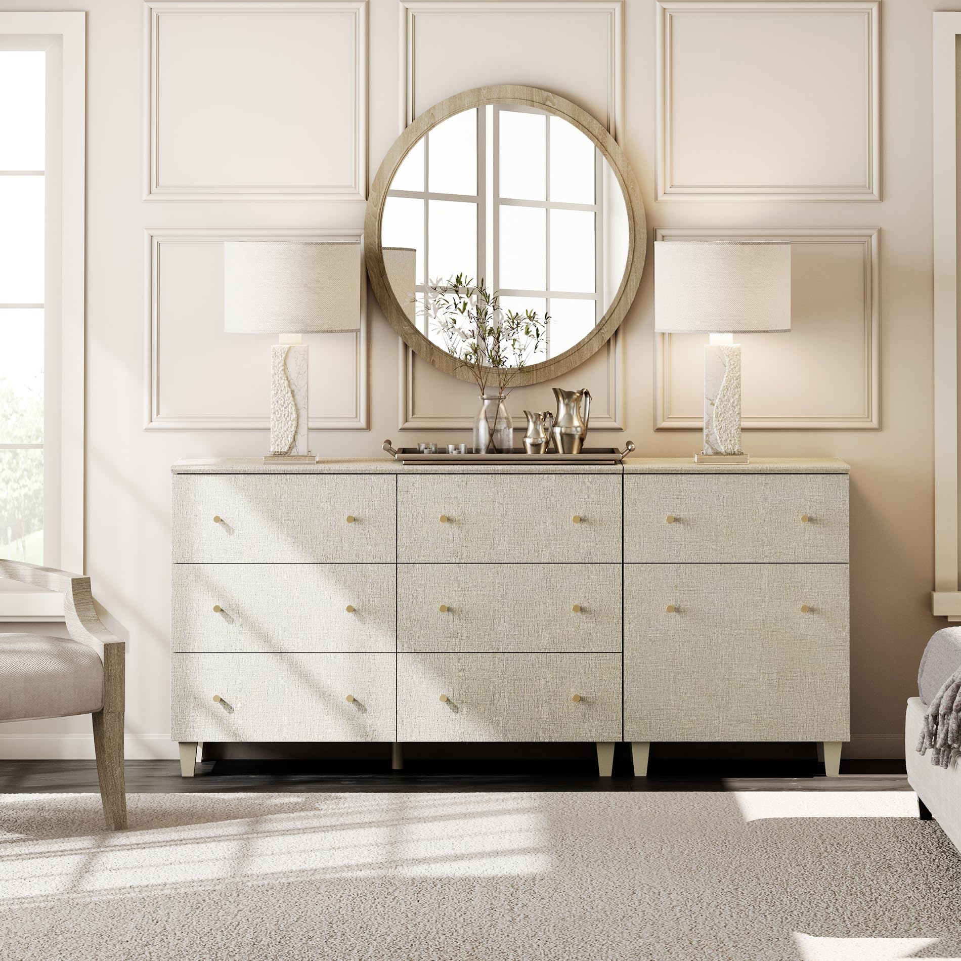 WAMPAT Dresser Chests with 7 Drawers and 1 Door for Bedroom, 2-in-1 Modern Wood Closet Storage Organizer Furniture with Adjustable Shelf for Living Room, Hallway, Beige Faux Linen Finish