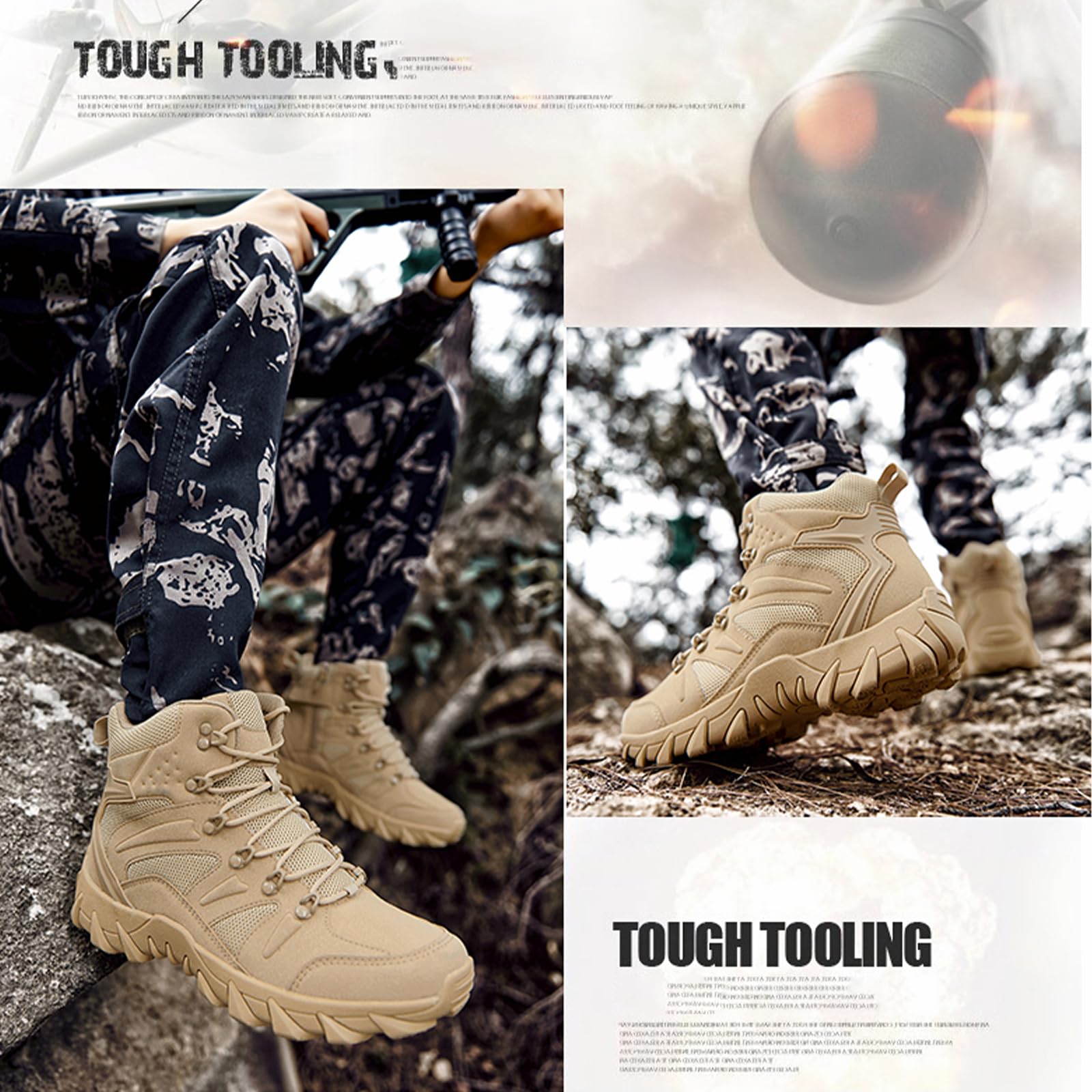 EGGDK Men's Suede Platform Lace Up Hiking Boots Breathable Mesh Tactical Work Boots Non-Slip Lug Sole Side Zipper Military Boots Outdoor Trekking Backpacking Trails Boot (Brown,6,6)