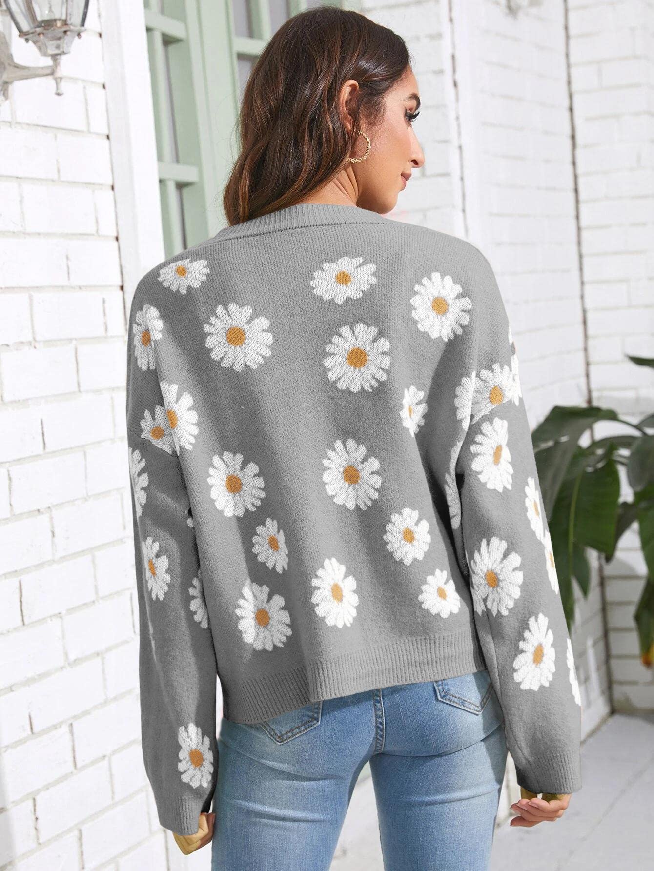 Women's Floral Print Cardigan Long Sleeve Open Front Button Down V Neck Knitted Sweaters D-Grey