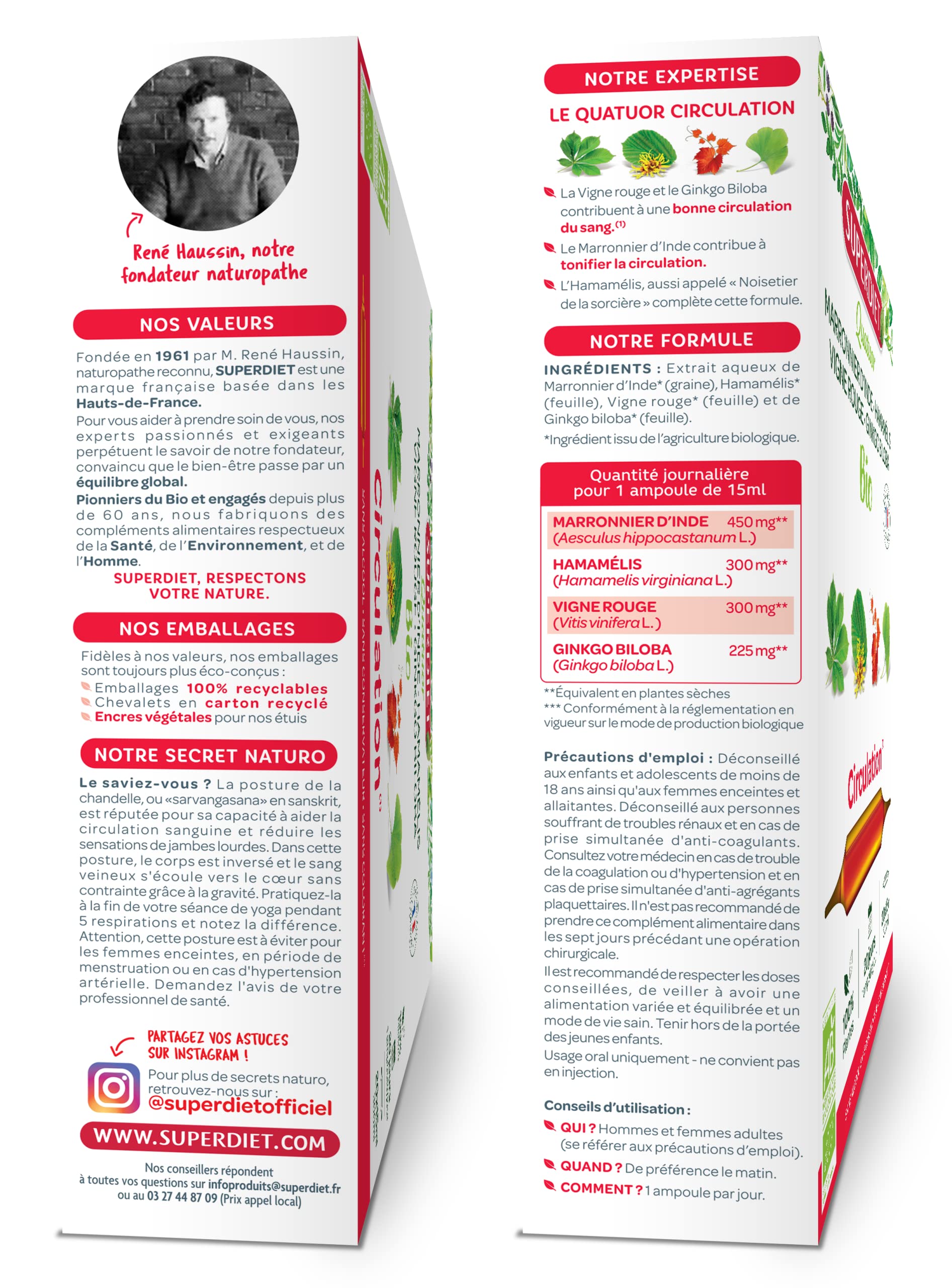SuperDiet Quator Marronnier, Hamamélis, Vigne Rouge et Ginkgo 20 ampoules de 15ml soit 300ml (Lot de 2)