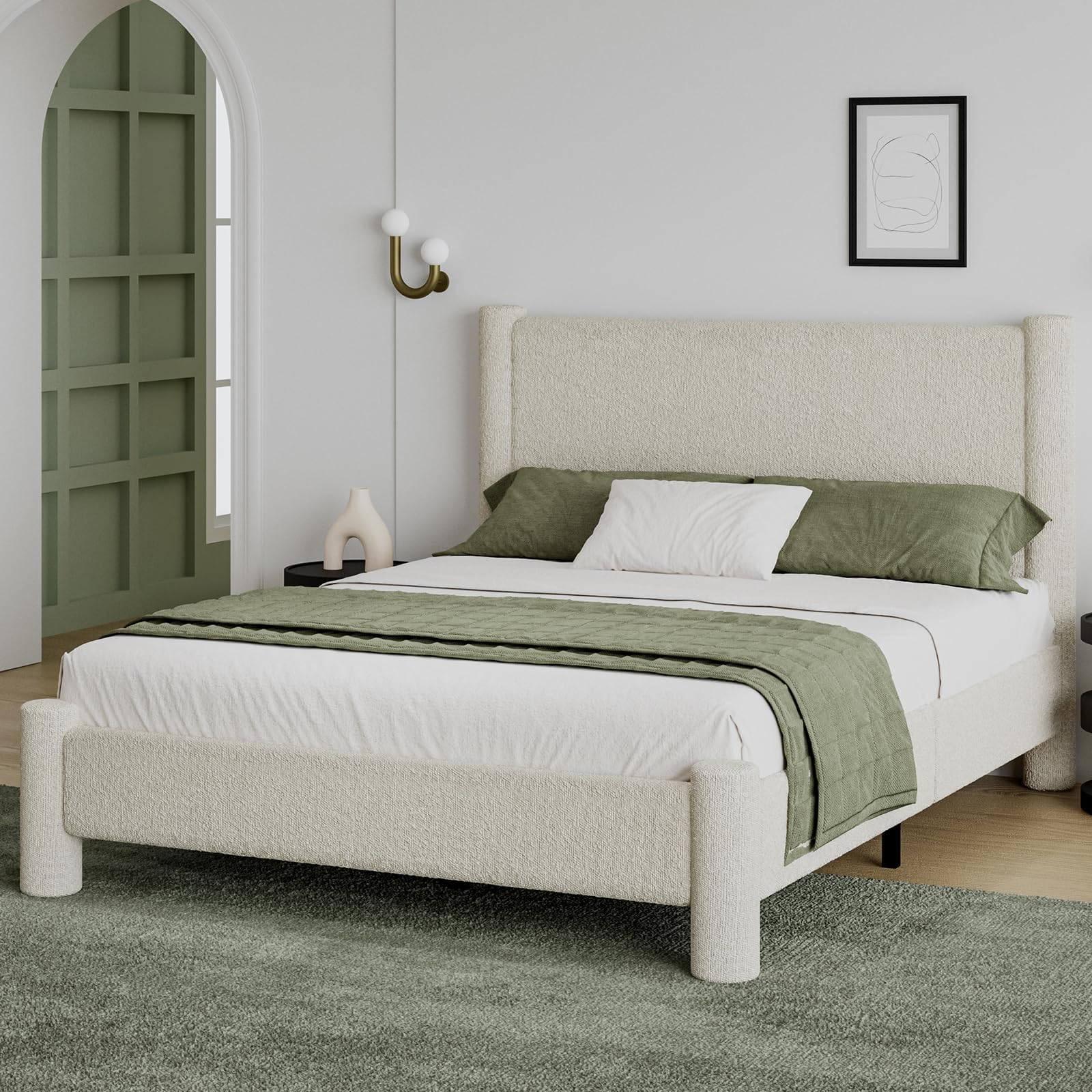 Photo 1 of *****STOCK PHOTO FOR REFERENCE ONLY ***** Queen Size Bed Frame, Boucle Upholstered Platform Bed with Headboard and Footboard, Soft Rounded Corners, No Box Spring Required, Easy Assembly, Cream