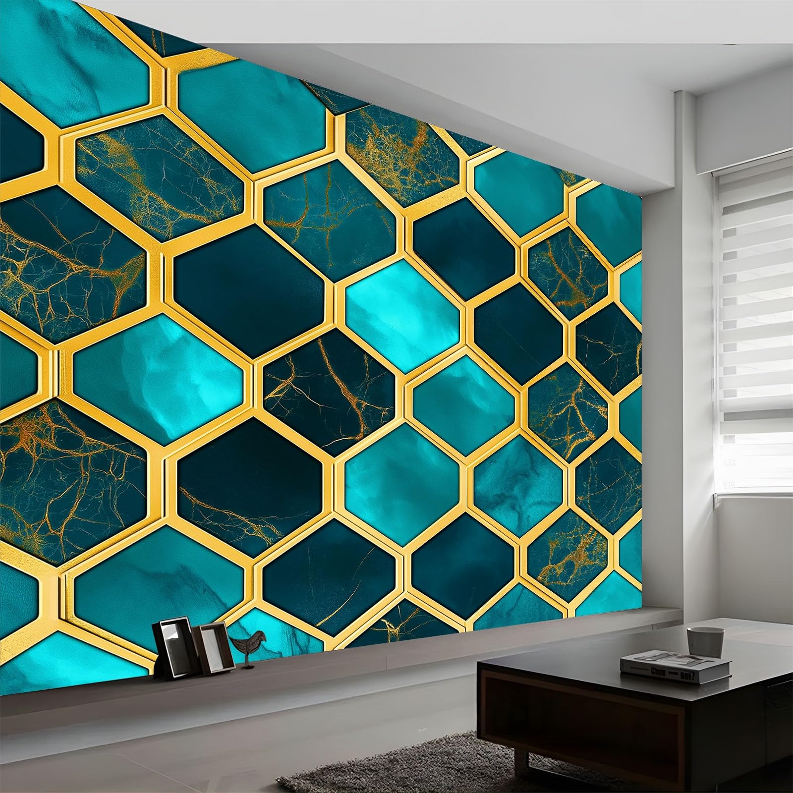 Geometryczny sześciokątny plaster miodu tekstura panoramiczna tapeta dla chłopców dziewcząt, 250 x 175 cm cyjan gigantyczny plakat ścienny 3D, dekoracja ścienna premium do salonu, pokoju dziecięcego