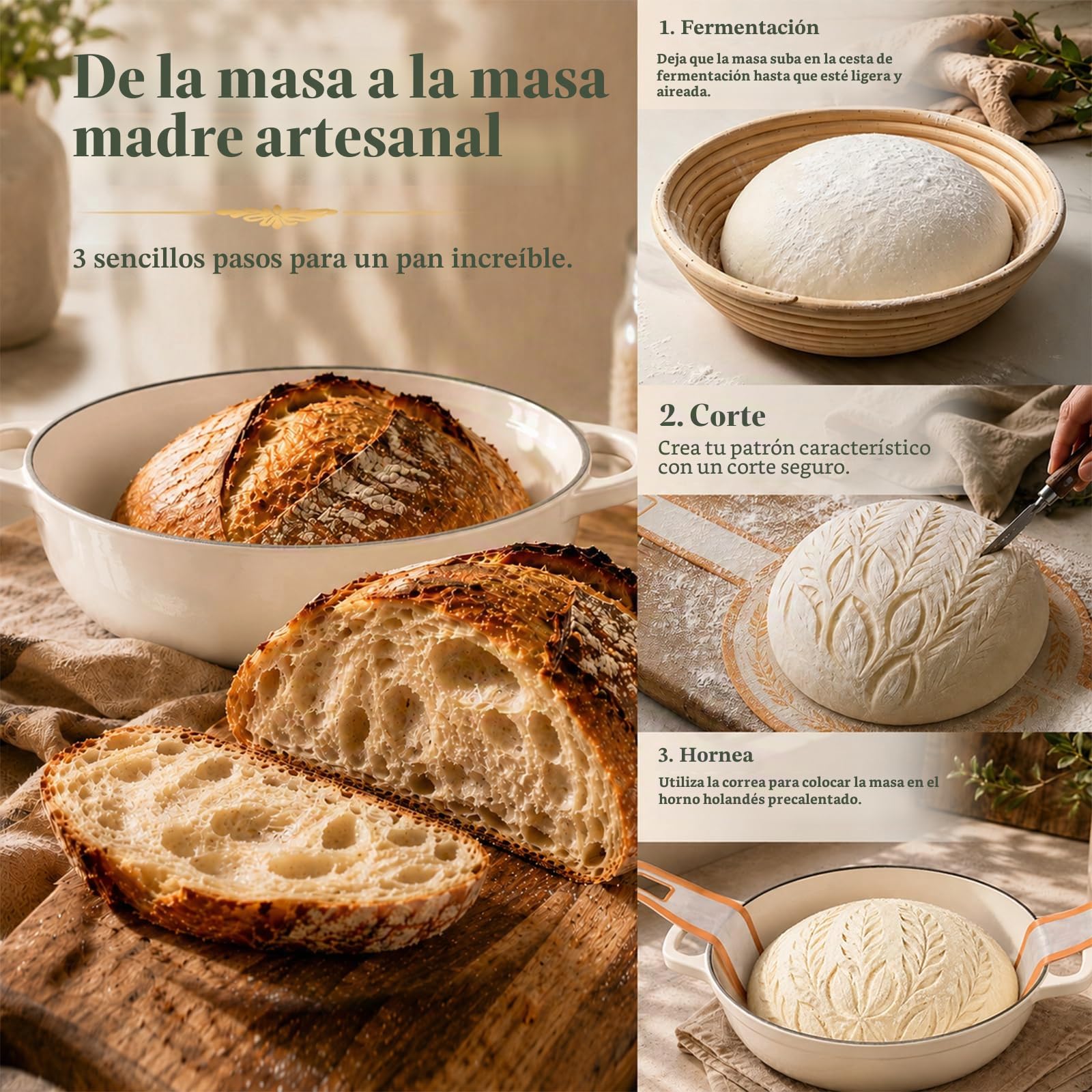 AHJ Olla de Hierro Fundido para Hornear Pan,26cm Dutch Oven | 5,7L Cacerola Holandesa de Esmaltado,Olla para pan con Cesta de Fermentación,para Cocinar,Hornear,Estofar y Asar (Blanco)