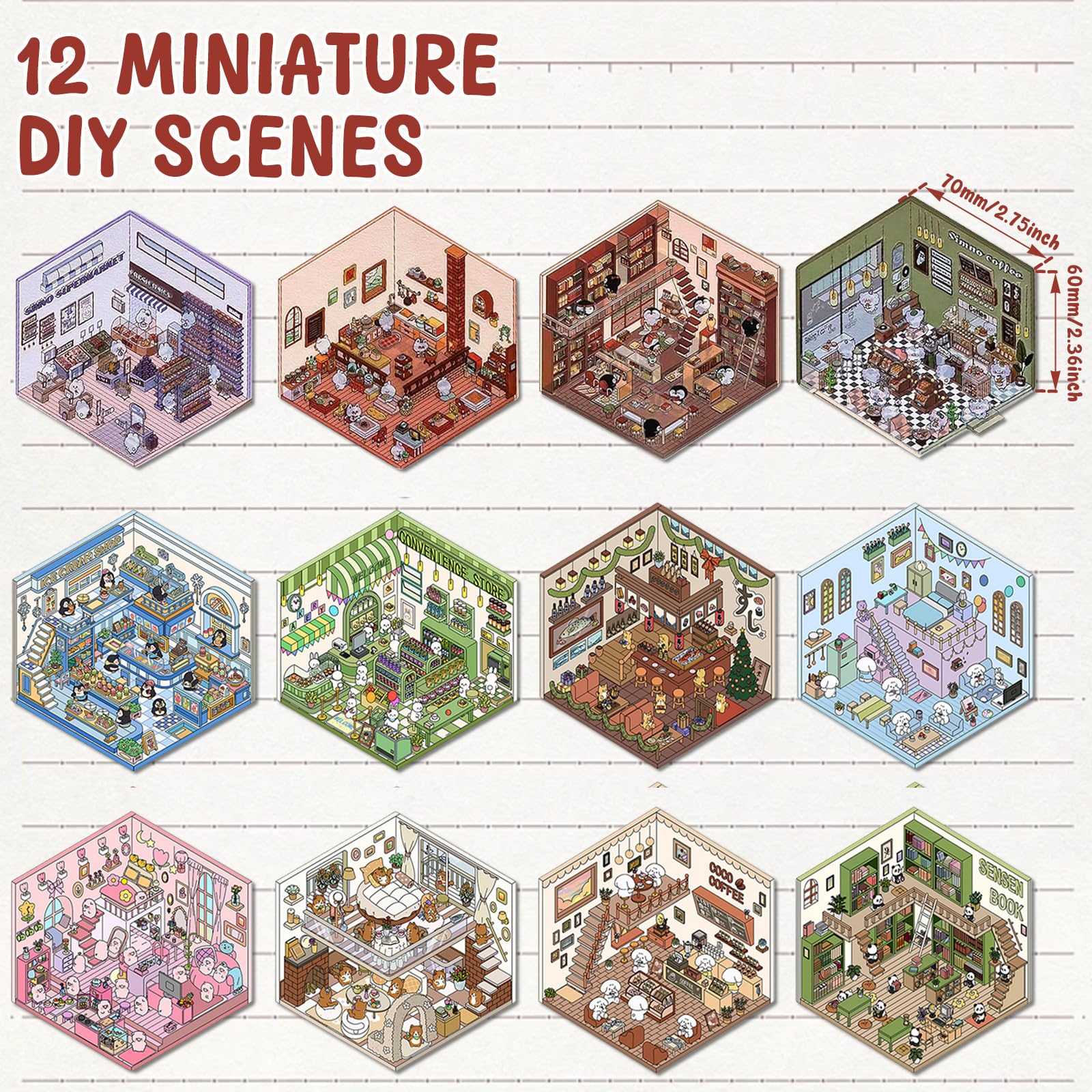 12 piezas DIY 3D House Stickers,Pegatinas decorativas 3D para escenas de casas en miniatura, divertidas pegatinas DIY para la escena para habitaciones pequeñas, Flower House, Café, Bakery Biblioteca