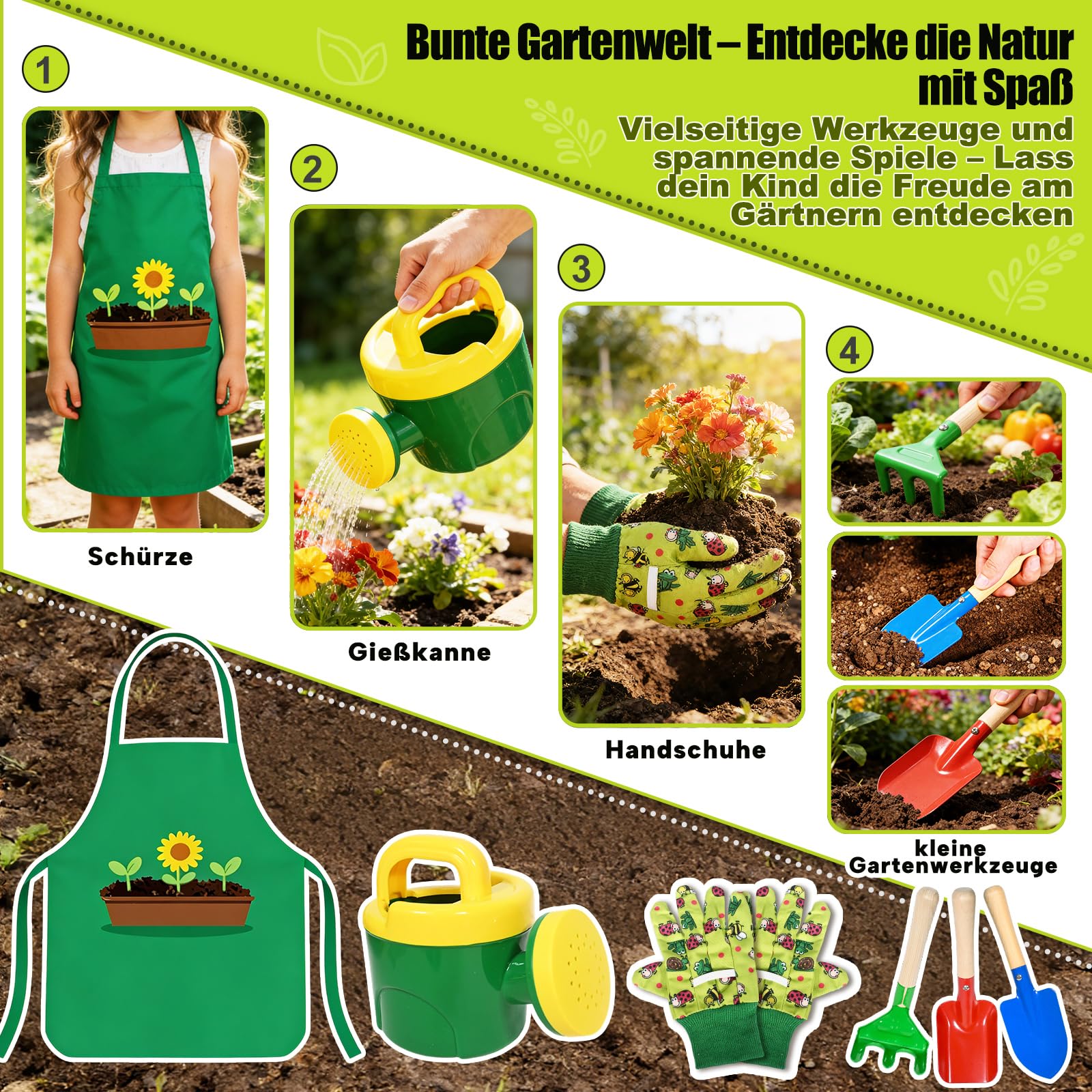 Kit Jardineria Niños, 10pcs Herramientas Jardin Set con Pala, Rastrillo, Tenedor, Guantes de Trabajo, Herramientas de Jardín (B)