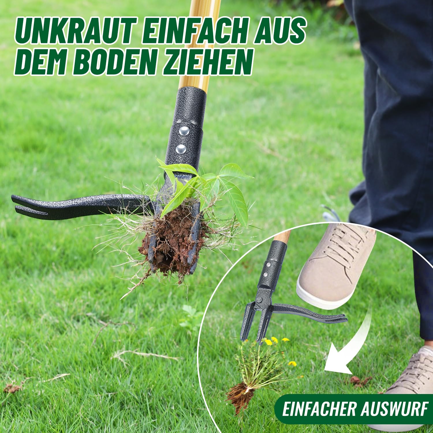 Unkrautstecher, 1.1m Langem Stiel, Löwenzahn Entferner, Natürlicher Bambusgriff und 4 Metallkrallen, Aufrecht Stehender Unkrautentferner, Haustierfreundlich(Upgrade) (1.1m)