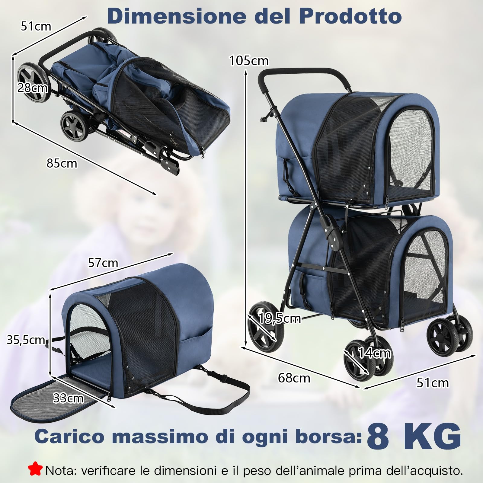 COSTWAY Passeggino per Cani Pieghevole, Carrozzina per Cani Multifunzionale 4 in 1 a Doppio Livello, Passeggino Smontabile con Ruote, Ideale per Passeggiata Viaggio e Shopping (Blu)