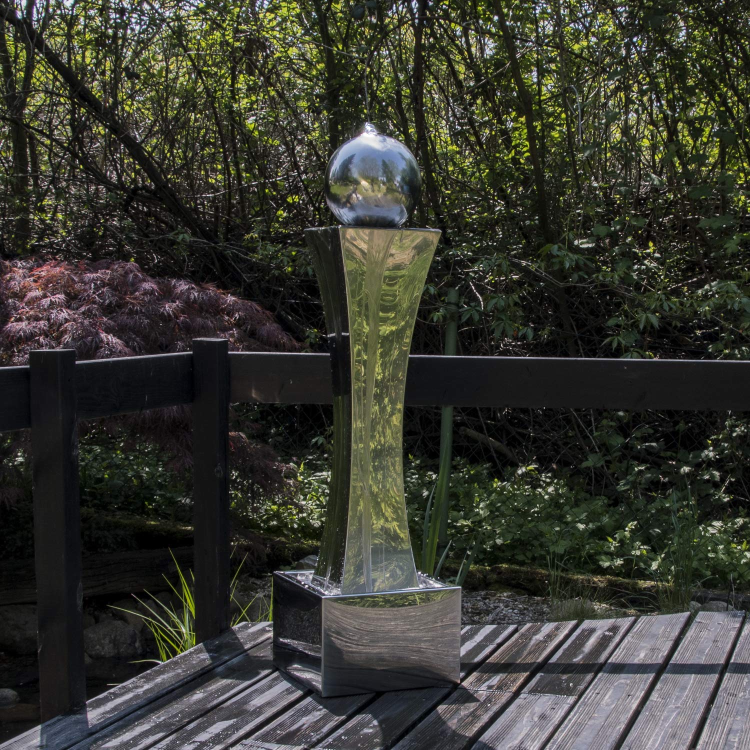Köhko® Springbrunnen Mars Ø 20 cm mit LED-Beleuchtung in eckigen Edelstahlbecken hochglanzpoliert 21014 Brunnen für Terrasse Wohnzimmer