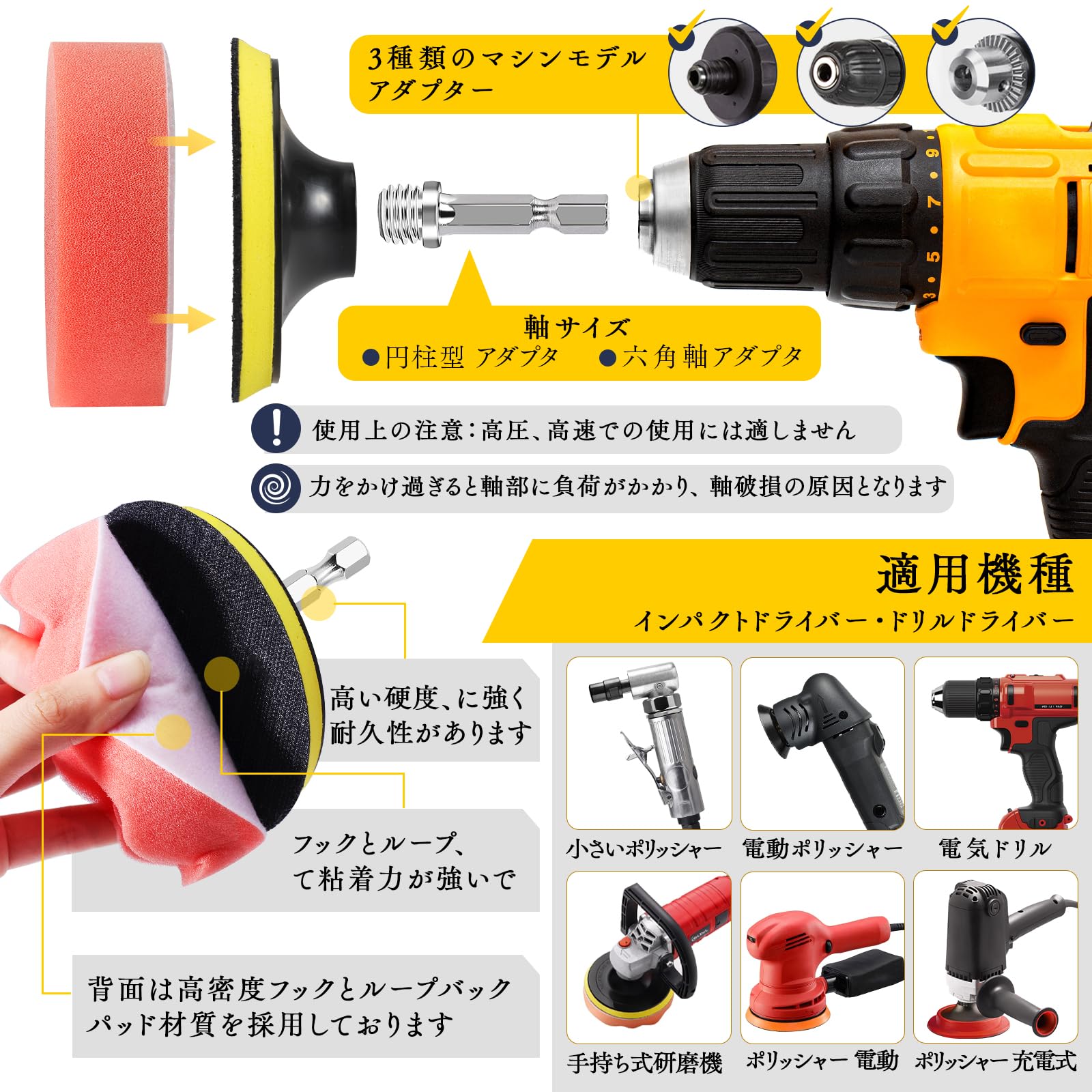 39点セット 75mm ポリッシャーバフ GOH DODD ポリッシャースポンジ 六角軸 円形軸 付き 研磨パッド 洗車 車磨きバフ ワックスがけ 研磨艶出し 塗装仕上げ 浴室掃除 水垢取りに 電動ドリル ドライバー 電動ポリッシャー用
