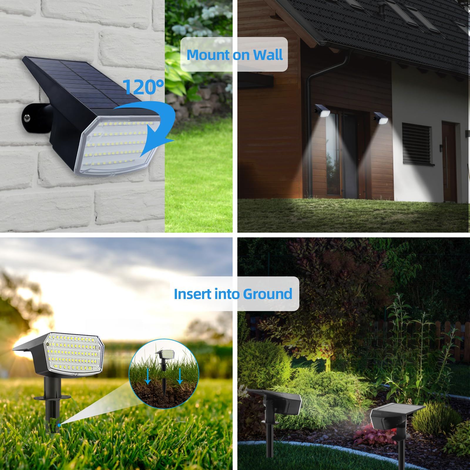 Confezione da 4 faretti solari per esterni, 65 faretti LED per paesaggio, IP65, impermeabili, dal tramonto all'alba, decorazione di sicurezza per vialetti, cortile, giardino, patio