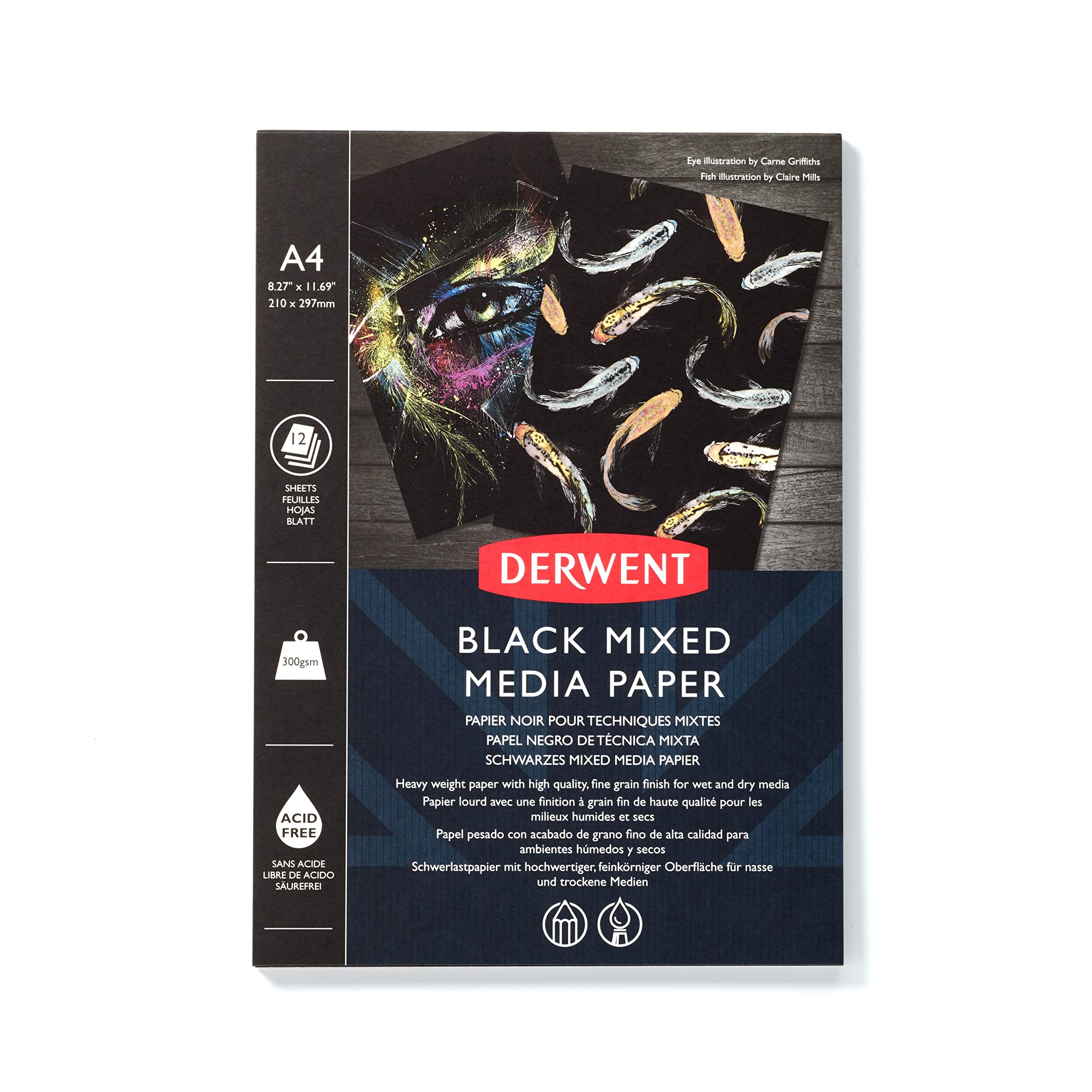Derwent Black Mixed Media Pad A4, 300gsm Paper, 12 Sheets, Fine Grain, Acid Free, Ideal for Fine Art Drawing, Sketching & Colouring, Professional Quality, 2306018