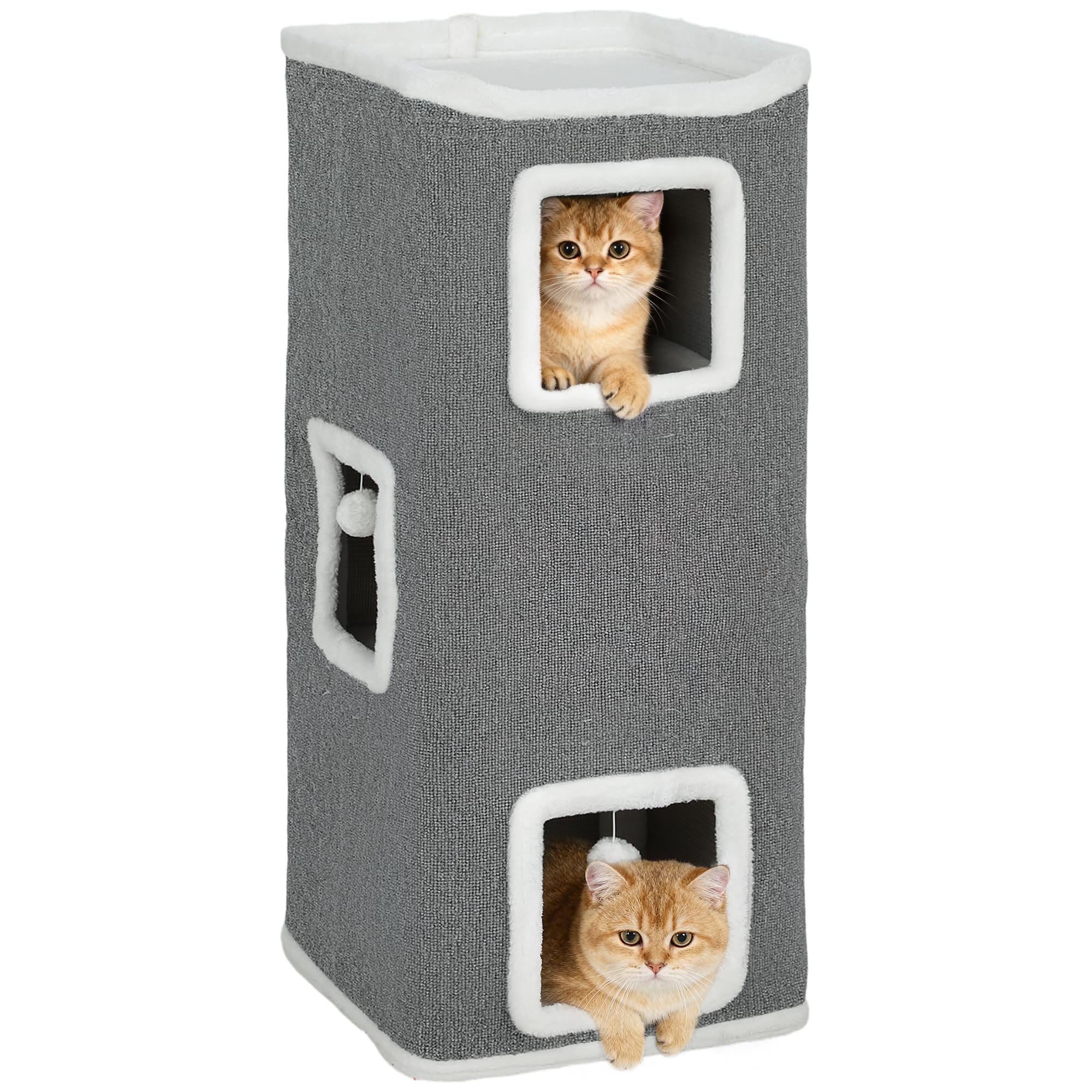 PawHut Kratztonne 100 cm Hoch 41 x 41 cm vierstöckige Katzentonne mit Spielball, Plüschrand, Katzenhöhle, Kratzbaum für 1-2 Katzen unter 7kg, Grau