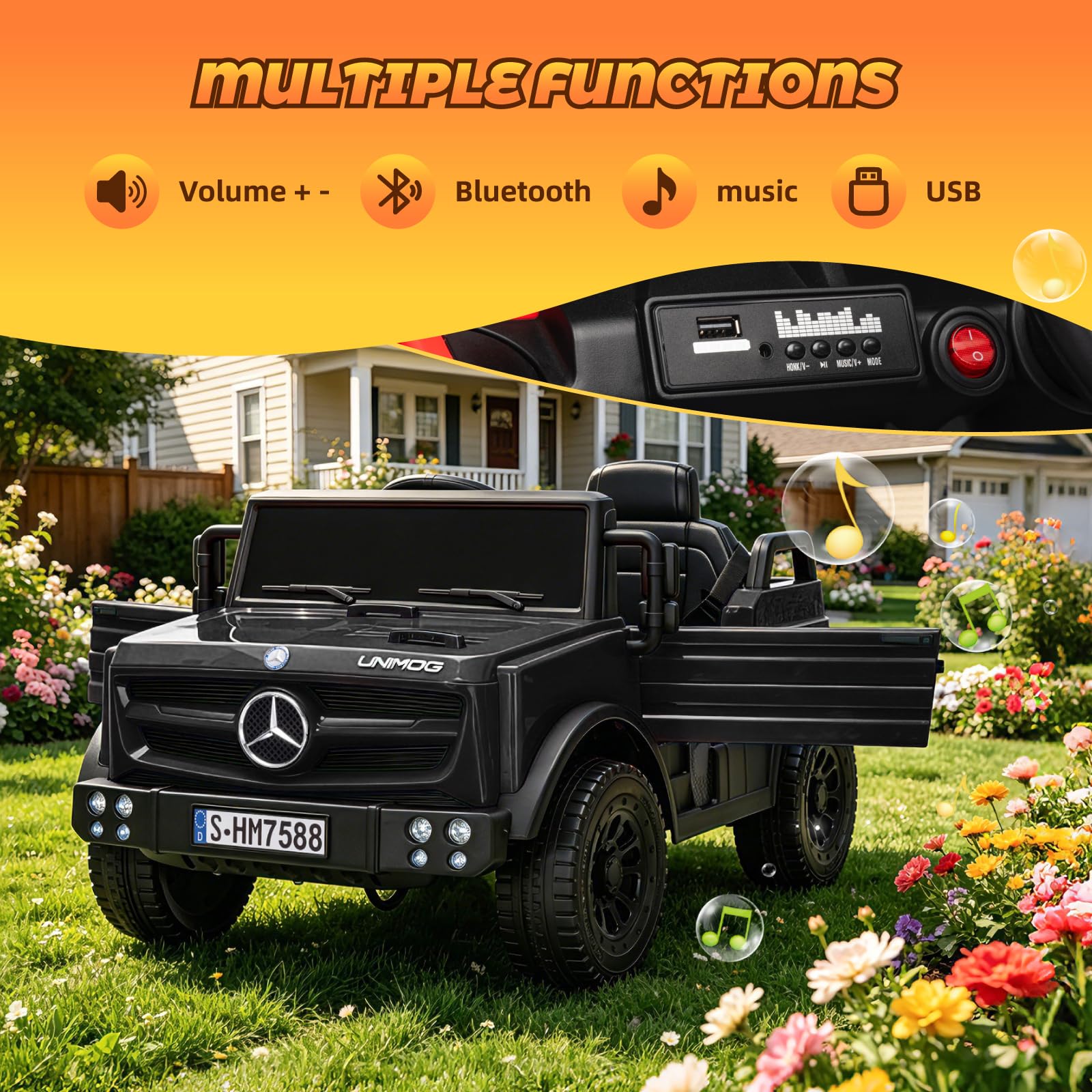 TCARAIWEN Kinderauto Elektro Mercedes-Benz Unimog Lizenz, 12V Elektroauto für Kinder 3-6 Jahre, Kinderfahrzeug mit Fernbedienung, 3-Punkt-Gurt, Bluetooth, 5 km/h (Schwarz)