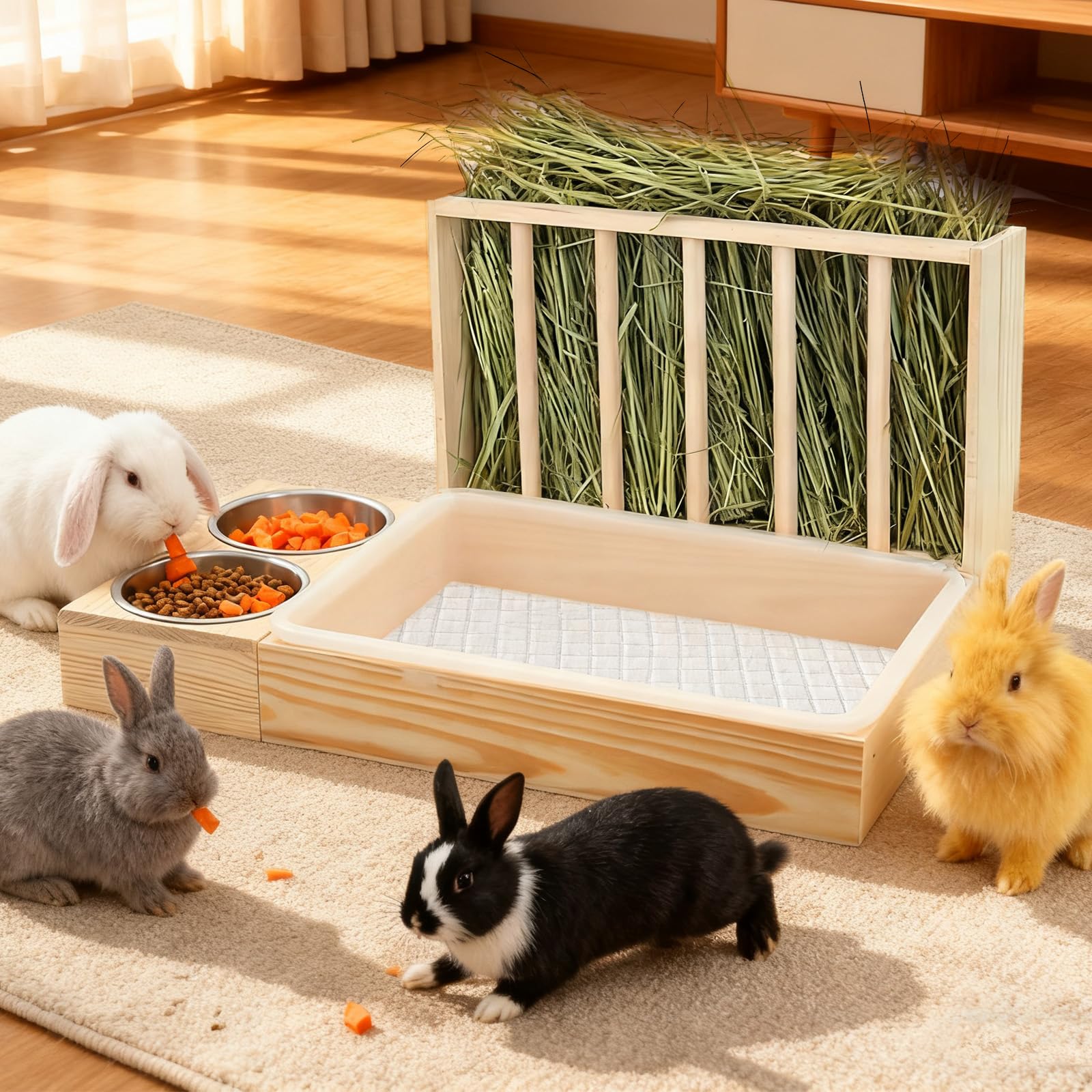 Râtelier à Foin en Bois, Grand Râtelier à Foin Multifonction avec Toilettes et Gamelle Mangeur de Foin de Lapin Support à Nourriture en Herbe pour Lapins Nains Cochons d'Inde Hamsters