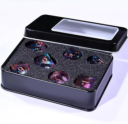 Miniatura 69 de AUSTOR Juego de dados DND de resina de núcleo líquido, de borde afilado, 7 troqueles, juego de dados DND de arena movediza hechos a mano