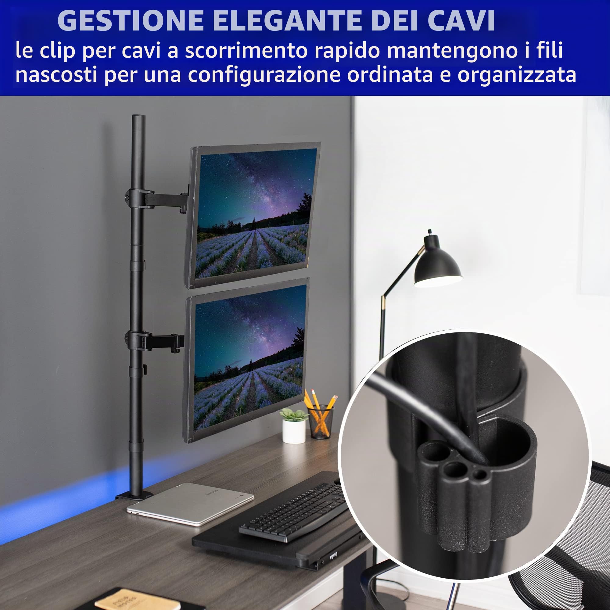 VIVO STAND-V012T - Supporto da scrivania per doppio monitor con asta verticale da 99 cm, bracci estesi completamente regolabili, per 2 schermi fino a 27"