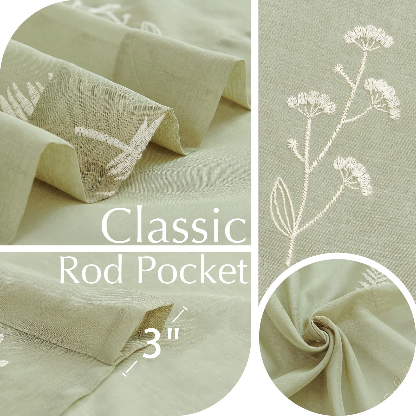 Lazzzy Sage Green Sheer Curtains Leaf Embroidered Pattern Sheer Drapes ...