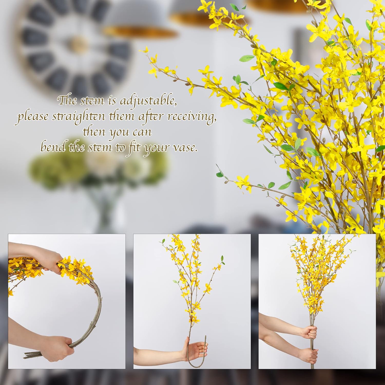 Sggvecsy Fake Forsythia Stems Artificial Orchids Flowers 4 Pcs Fake Forsythia Branches Fake Faux Long Stem Flowers Yellow Silk Forsythia Branches for Home Wedding Indoor Outdoor Decoration