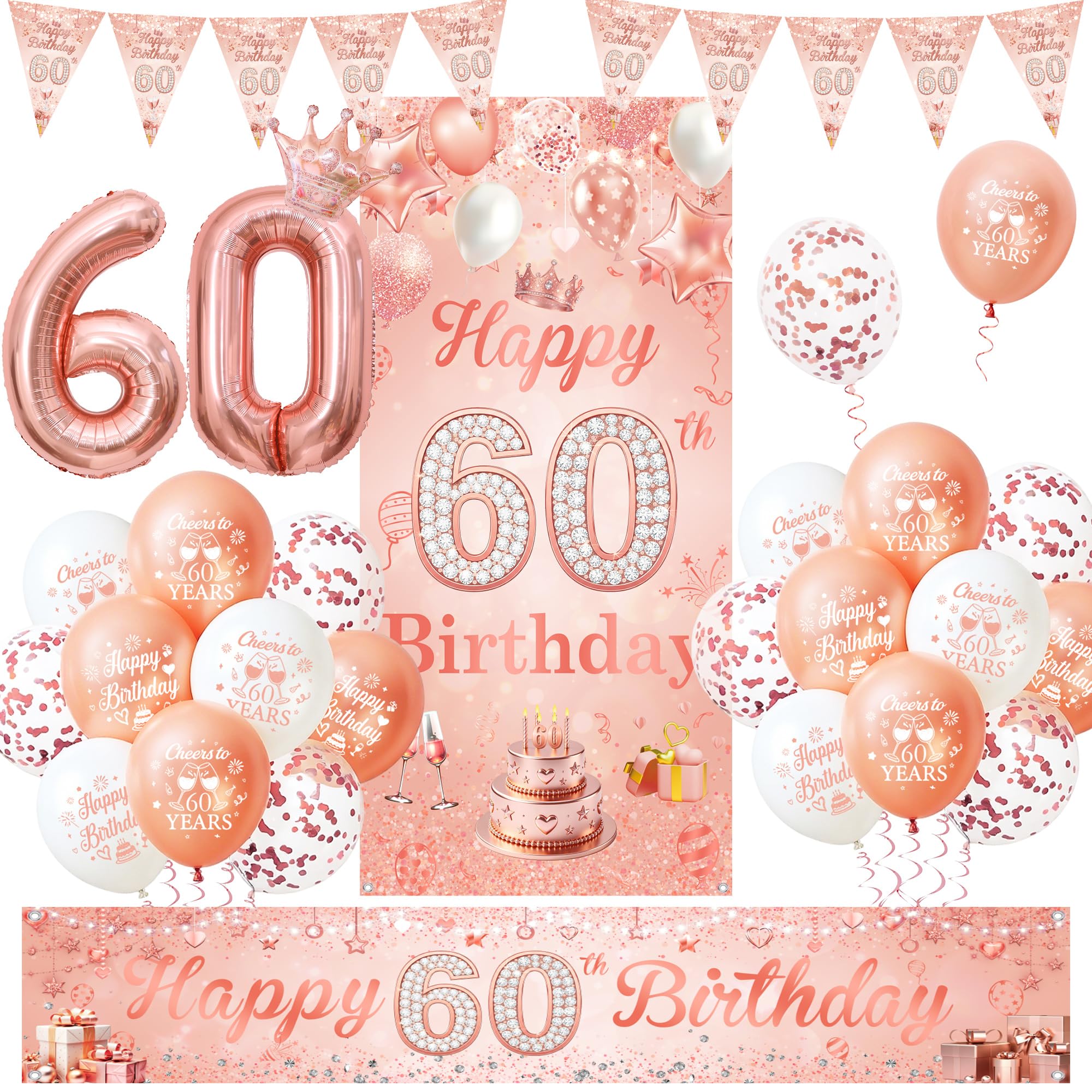60th Birthday Decorations for Women, Rose Gold Happy 60th Birthday Banner