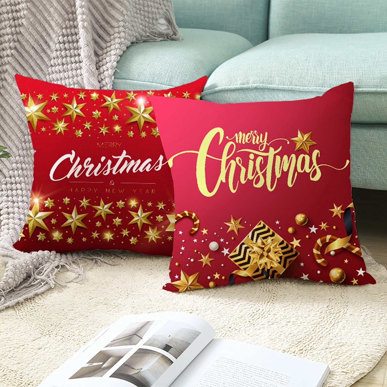 Set di 4 federe decorative per cuscini natalizi, per Natale, Natale, Natale, Natale, quadre, in lino, alberi di Natale, camion rosso, fiocchi di neve, cervi, divano, divano, casa, 50 x 50 cm