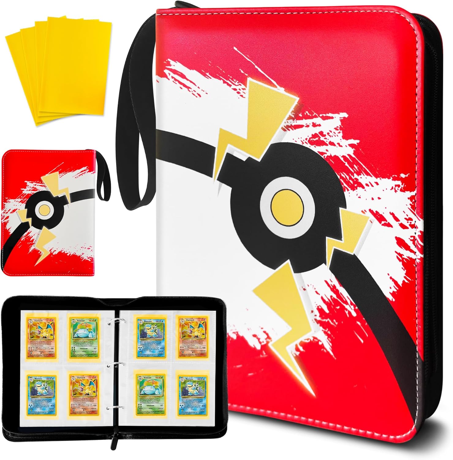 4-Pockets Trading Card Binder PLUS Extra Pack of 100 Sleeves, carries 440 cards in 55 Double sided Pages, FREE Pack of 100 Yellow Sleeves to safely store extra Cards, Premium Zipped PU Leather Cover