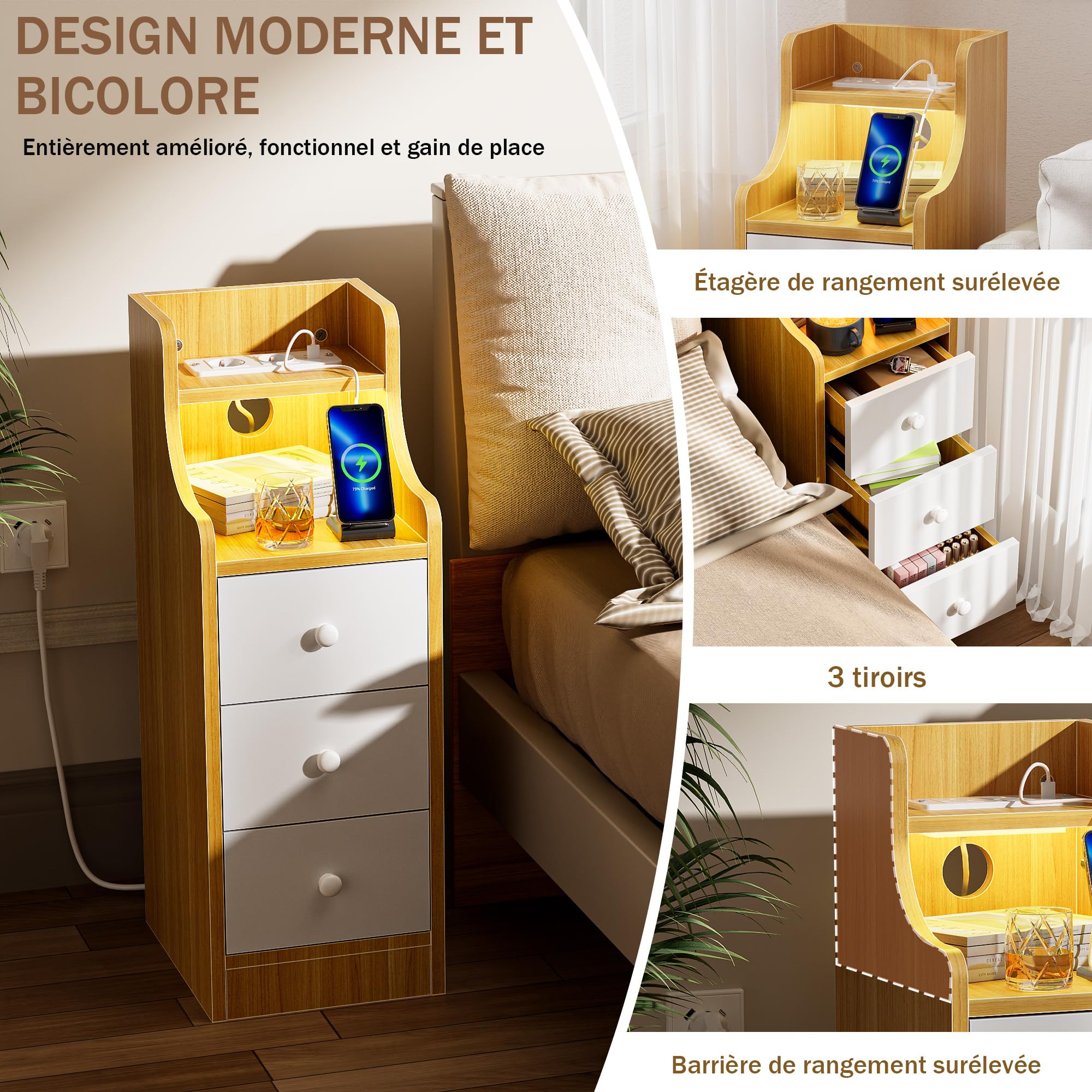 Table de Chevet Etroite avec Éclairage LED RGB et Prise 2 AC 2 USB, Table de Nuit Étroite Bois avec 3 Tiroirs, Lumière Bluetooth Table d’Appoint pour Salon Chambre Bureau, Marron 30x25x70cm