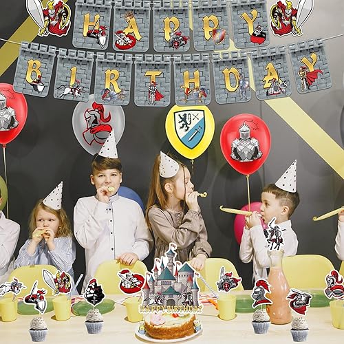 Miniatura 6 de Decoración de fiesta de cumpleaños medieval suministros de fiesta de caballero incluyen globos de feliz cumpleaños decoración de tartas decoración