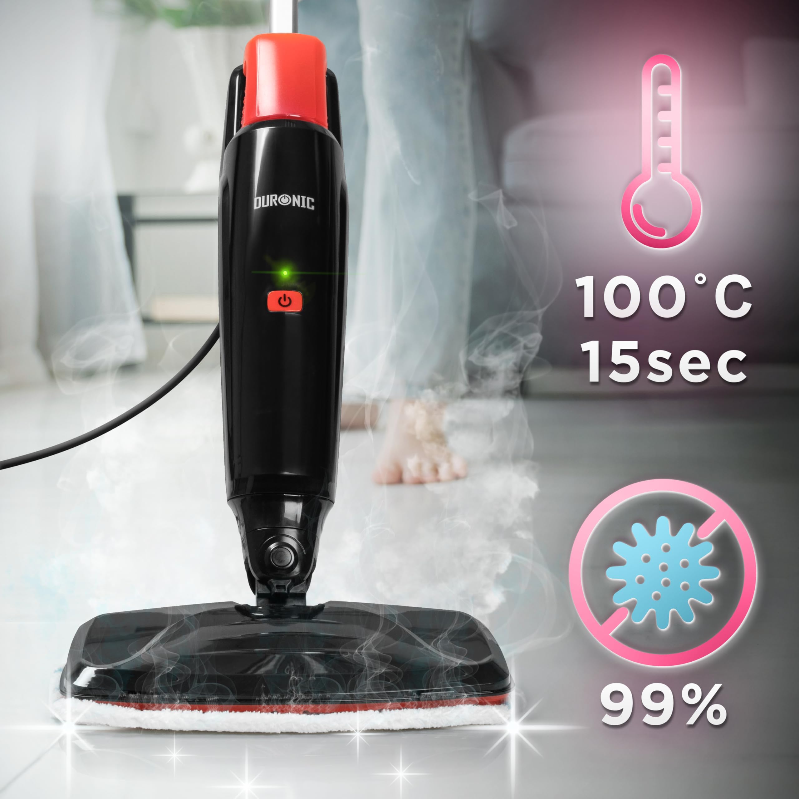 Duronic STM15 BK Balai nettoyeur vapeur de 1500W Réservoir de 500 ml Température maximale de 100°C Nettoyage sol dur carrelage tapis Nettoie sans produits chimiques