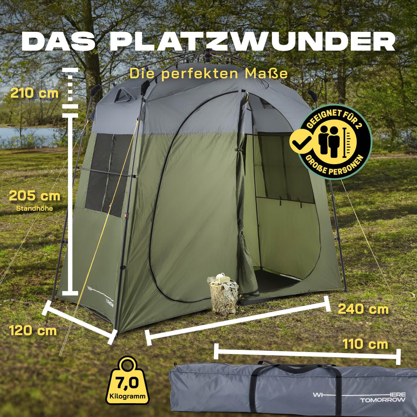 LUMALAND Tenda da doccia di alta qualità + doccia da campeggio con batteria, ideale per campeggio, festival e pesca, impermeabile e antivento, tenda per WC per interni ed esterni, con doccia esterna e