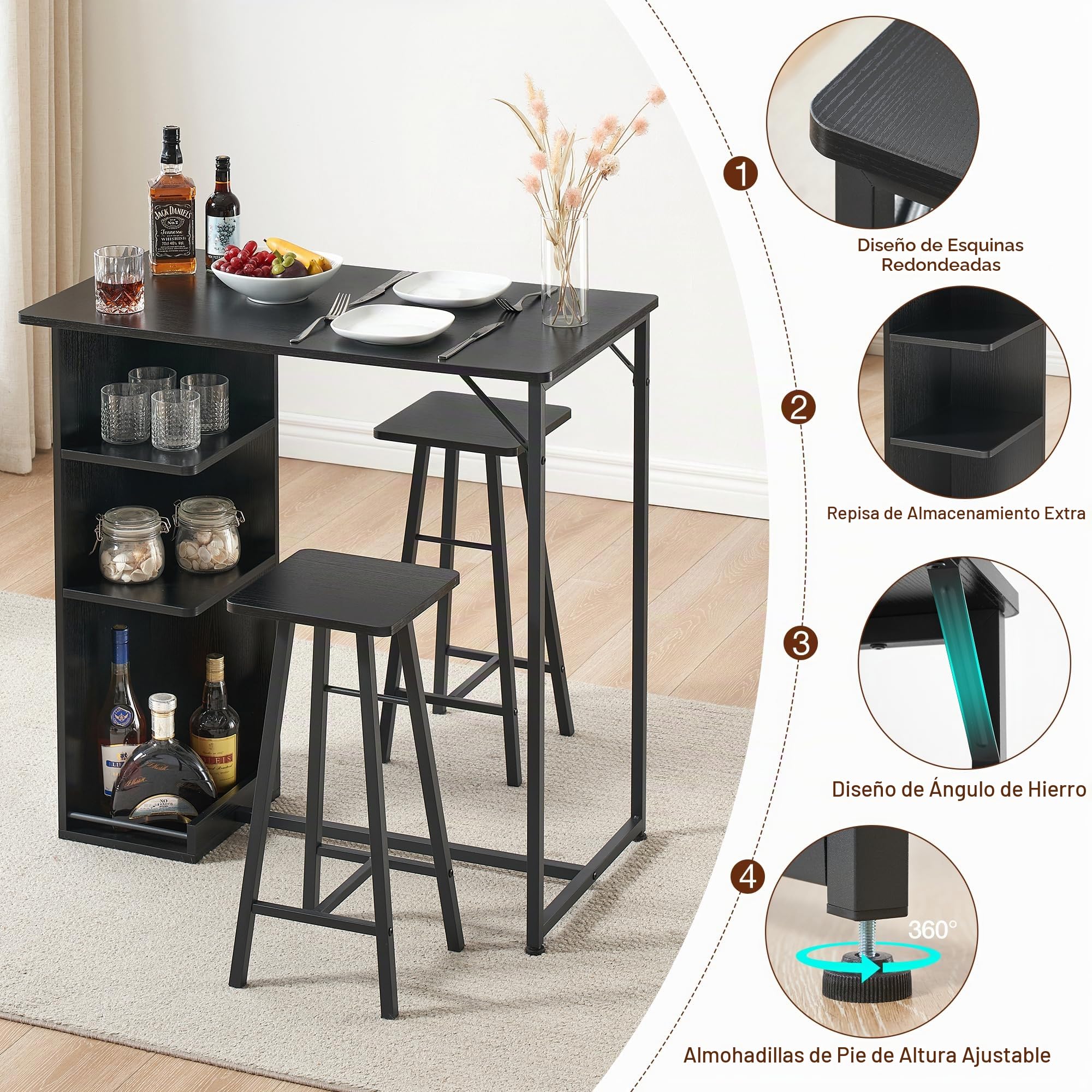 Mesa de Bar con 2 taburetes Altos: Mesa 90x50x90 cm, 2 taburetes Duros 27x27x60 cm, Madera, Soporte metálico, Almacenamiento Abierto, Ideal para Bar y Comedor, Color Negra