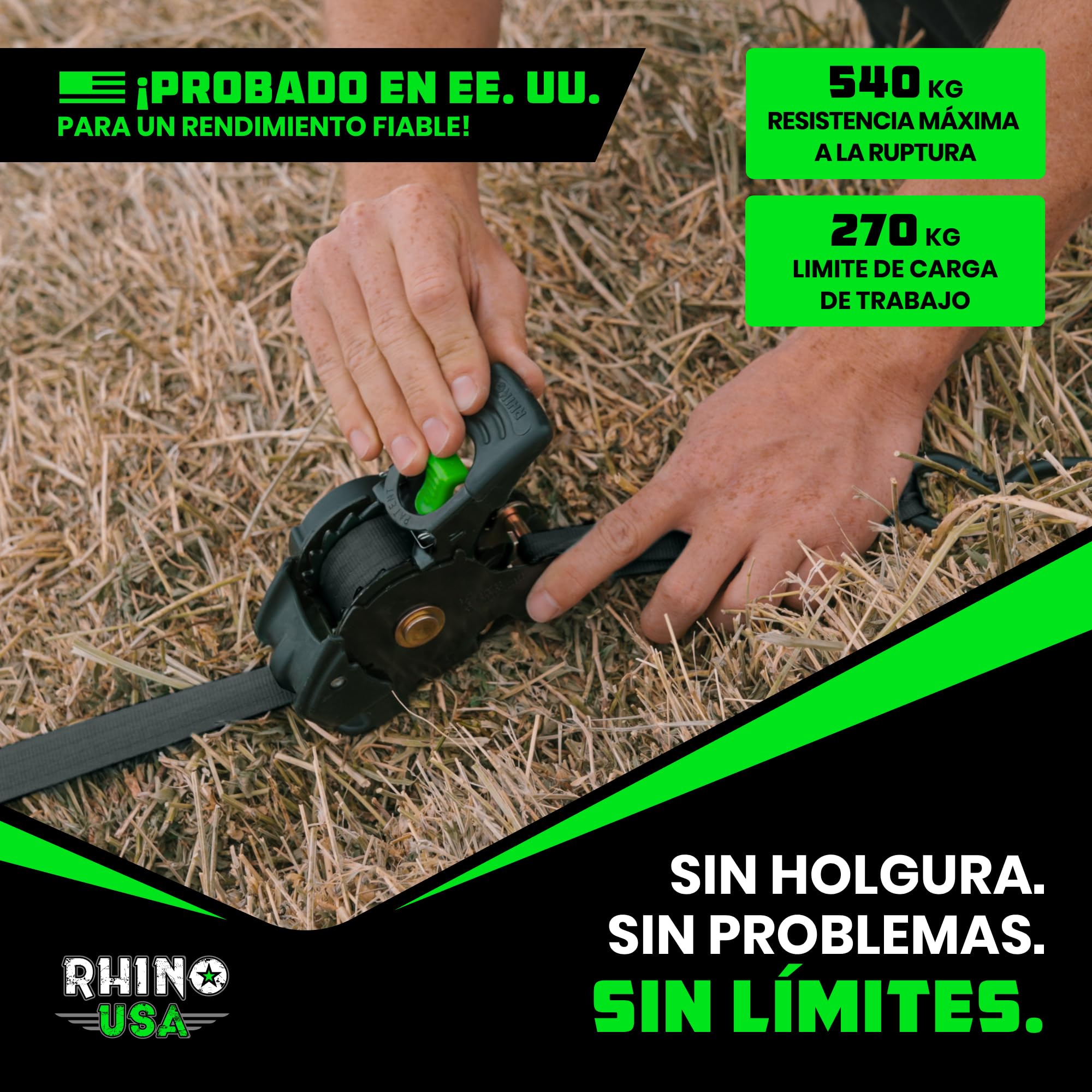 Rhino USA Correas de Carraca Retráctiles (Juego de 2) - 2.5cm x 3m (540kg de Resistencia a la Rotura) - Correas de Amarre Automáticas y Resistentes para Camión, Remolque, Moto, Bicicleta & Más - Negro