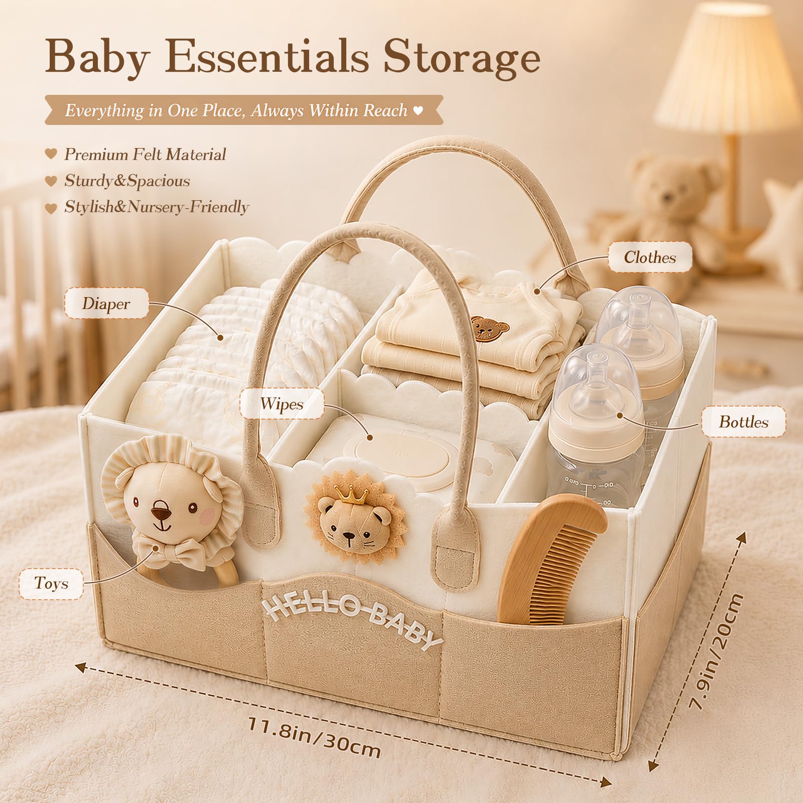 Regalo Bebe Recien Nacido Niño Niña con 30x20x17cm Organizador Pañales | Manta de Apego con Osito, Gorro, Manta Traqueteo Babero Calcetines Antideslizantes, Regalo Bebe Cesta Recien Nacido Niño Niña