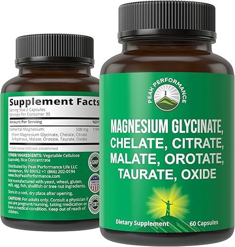 Glicinato de magnesio + citrato + malato + quelato + orrotato + taurato + óxido. 7 formas de complejo de magnesio. Cápsulas de suplemento de 500 mg