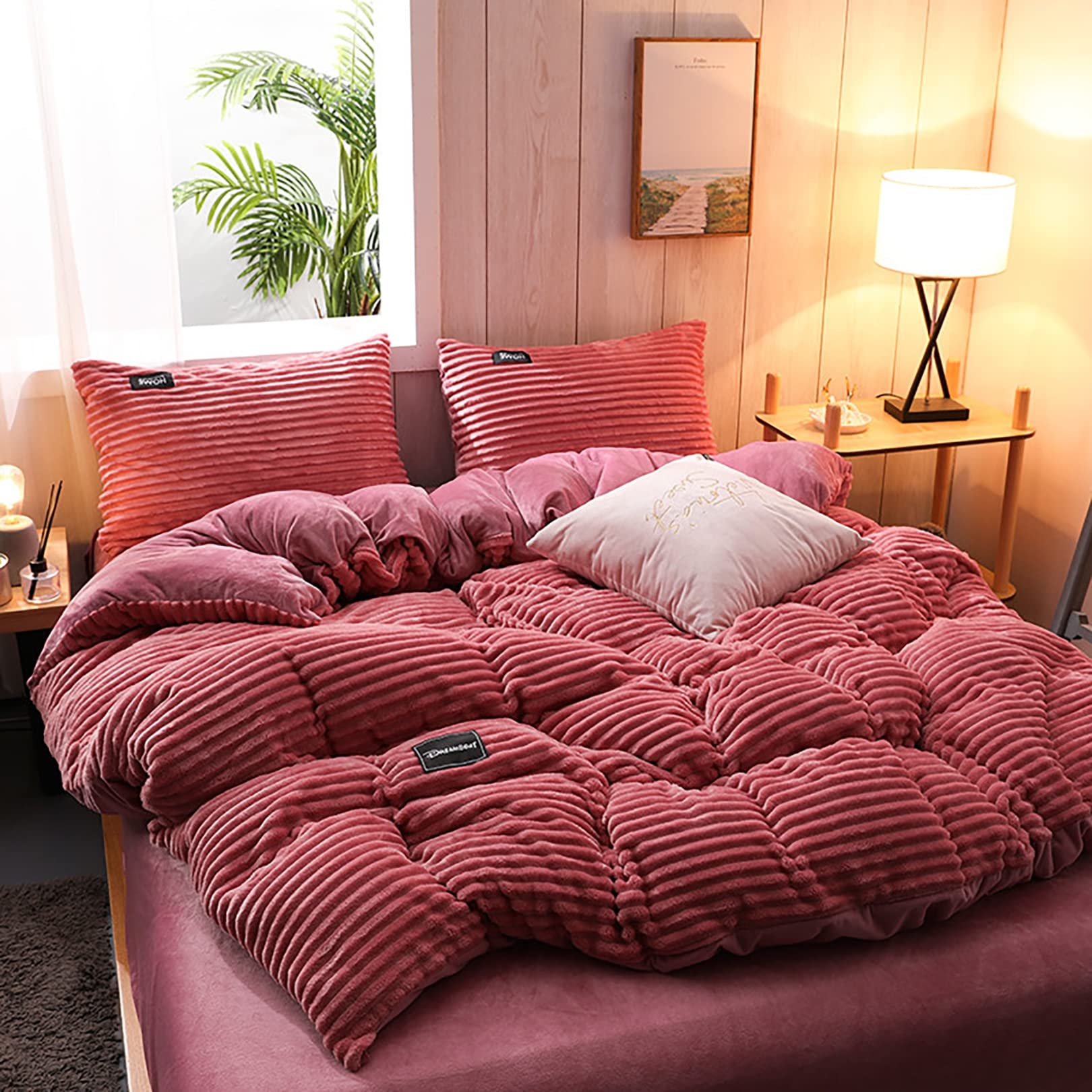 ALEjon Juego de Funda nórdica de Terciopelo Rosa, Lujosa Ropa de Cama tamaño Queen con 2 vergüenzas de Almohada - Suave y Elegante - Funda de edredón de 4 Piezas - 220x240cm
