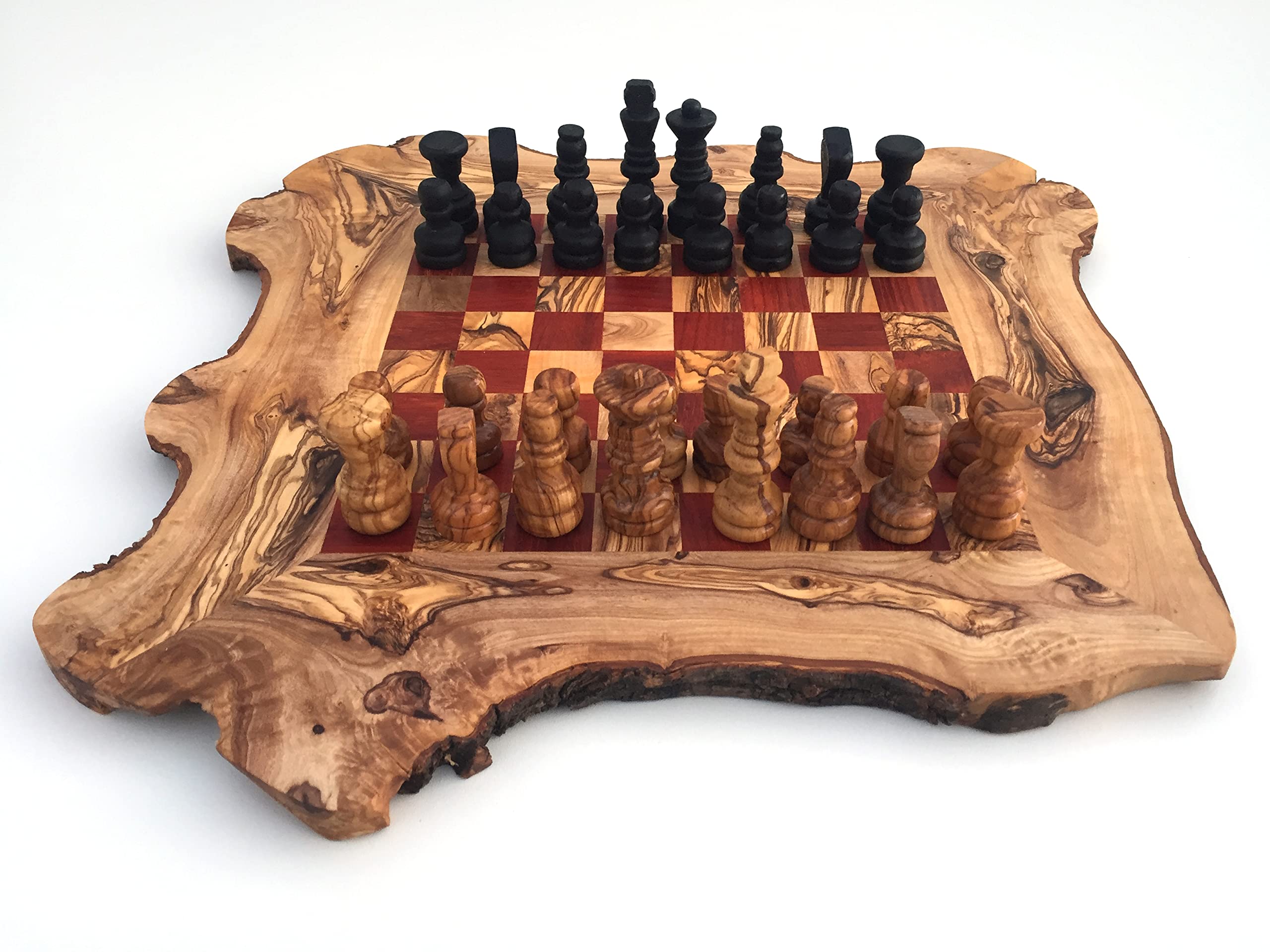 Schachspiel rustikal Schachbrett Gr. L inkl. 32er Schachfiguren handgefertigt aus Olivenholz Schach Geschenk Hochwertig