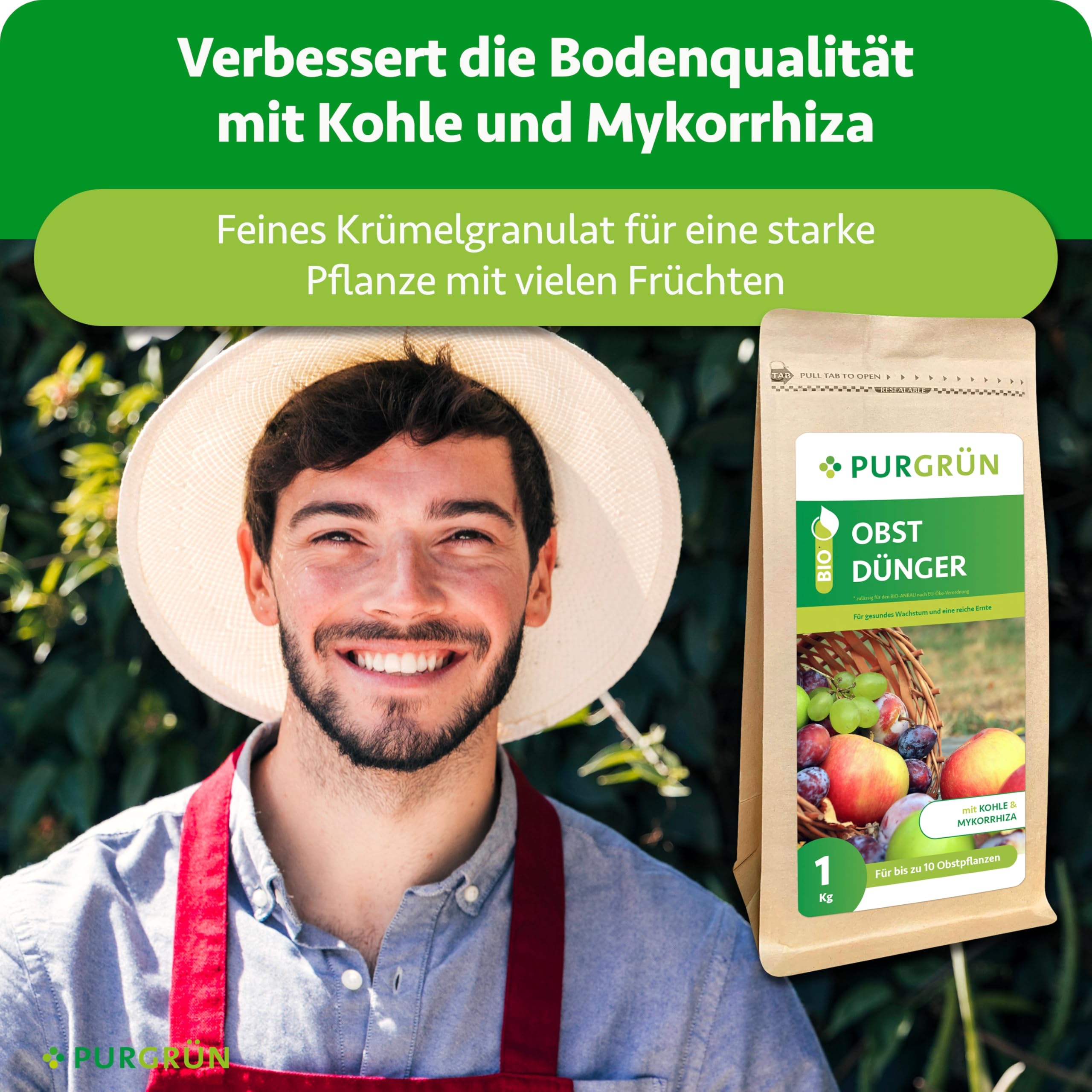 Bio-Obstdünger 1 kg – Organisch-mineralische Rezeptur – Feinkörniges Krümelgranulat – NPK 6+4+5 – Mit Magnesium für süßes Früchte – Verbessert die Bodenqualität mit Mykorrhiza & Kohle