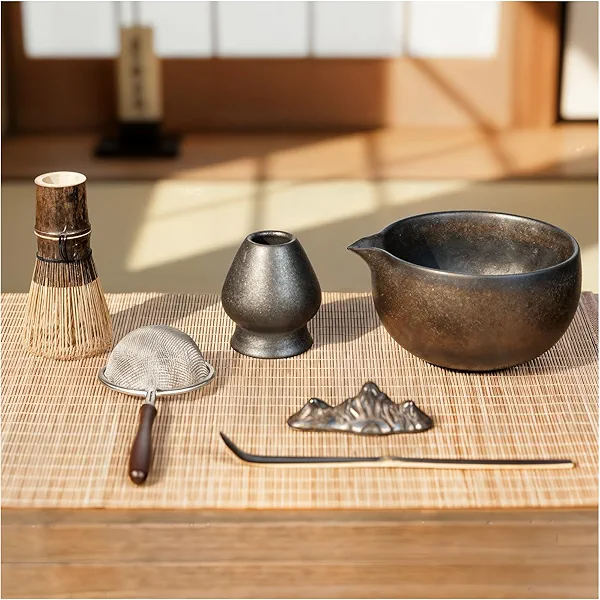 GleeNflux Matcha Whisk Set, 7-Piece Gilded Matcha Set with Ceramic Bowl, Whisk, Wooden Handle Sifter, Large Bamboo Mat and More – Complete Matcha Kit with Gift Box for Matcha Lovers