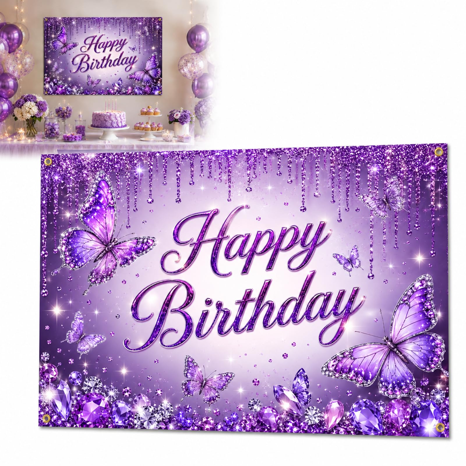 Purple Happy Birthday Banner Premium Polyester Backdrop - Extra Large Sparkling Butterfly & Crystal Festive Party Decor for Indoor Outdoor Celebrations, Walls, Windows, Gardens, with Easy