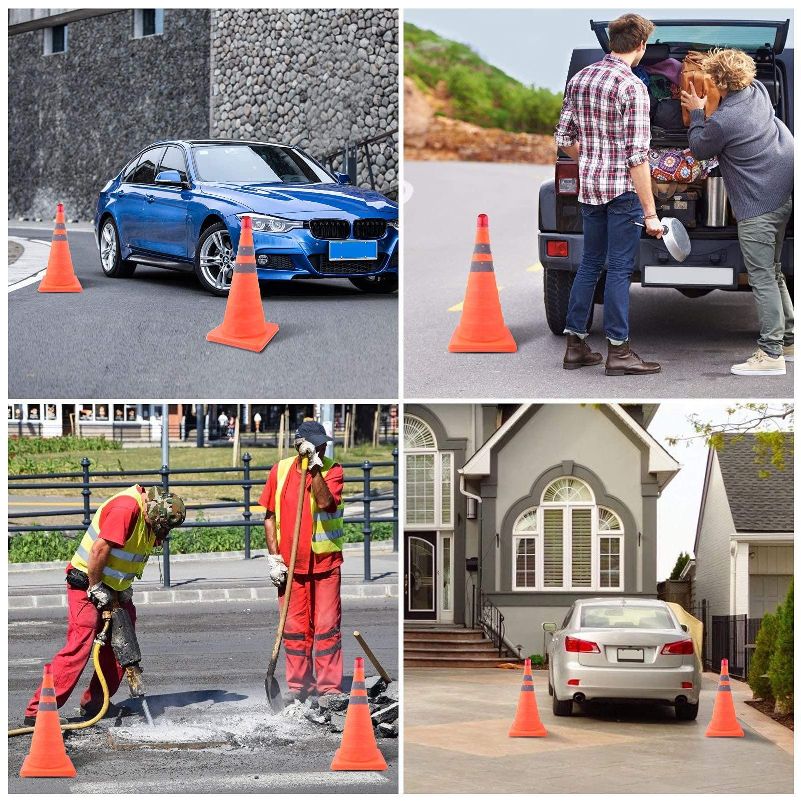 ERKOON 4 conos de tráfico plegables de 45,7 cm con 4 luces rojas intermitentes de PVC de seguridad para carretera de aparcamiento naranja fluorescente, conos de seguridad reflectantes