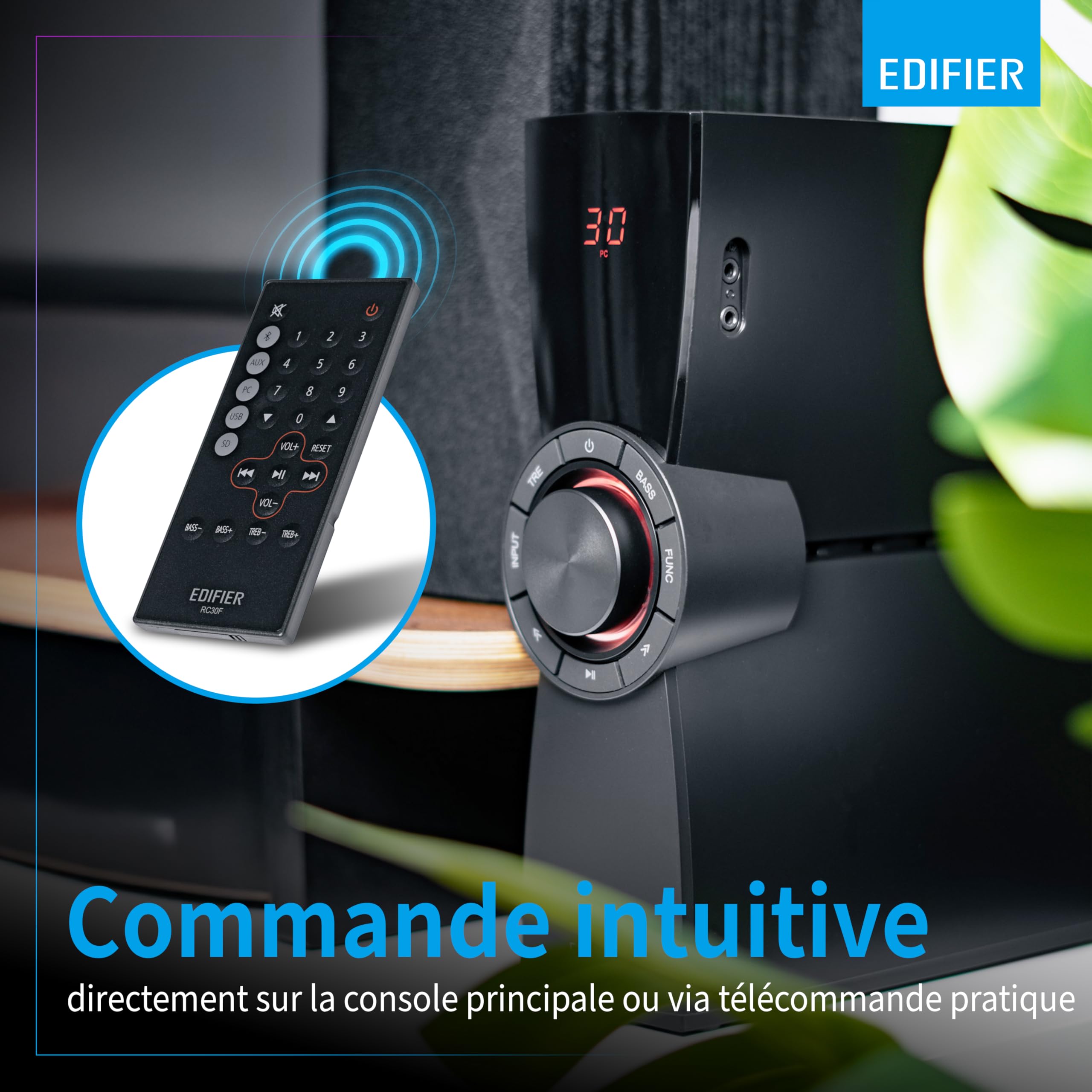 Edifier CX7 - Pack d'enceintes multimédia 2.1, 69W, avec Bluetooth V5.0, subwoofer de 21 cm (8 Pouces) et télécommande Infrarouge : Parfait pour la télévision, Le PC, l'ordinateur Portable, etc.