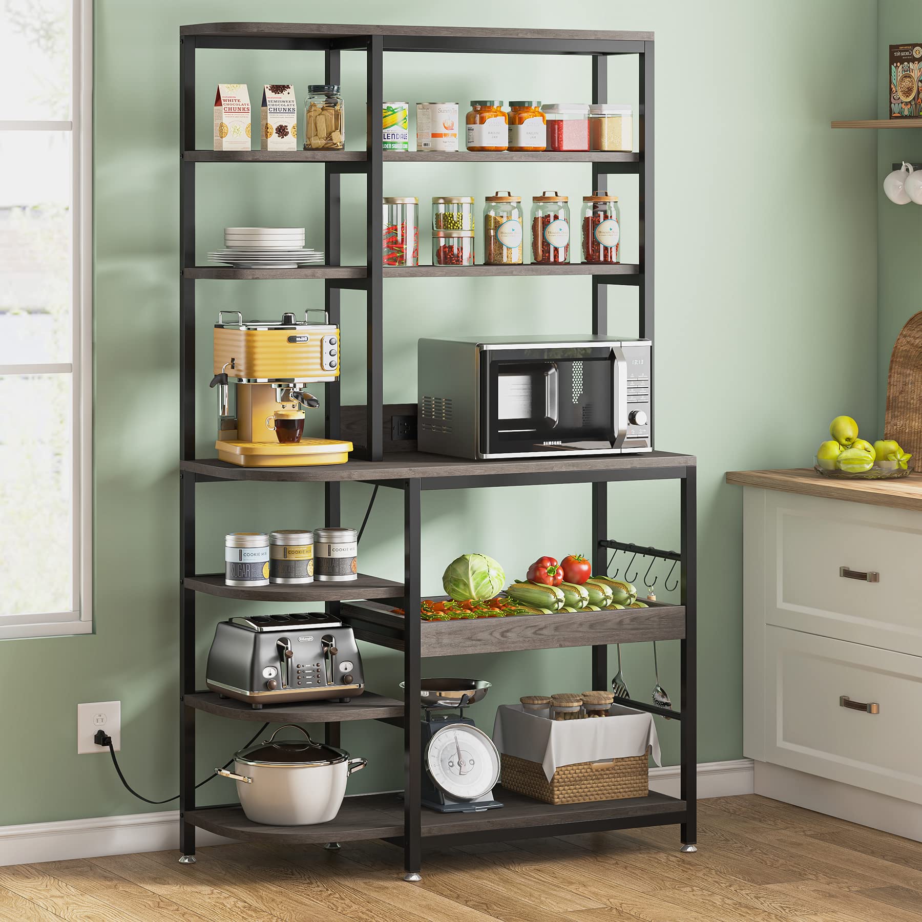 Tribesigns Kitchen Bakers Rack with Power Outlets, 10-Tier Microwave Oven Stand with Storage, Tall Kitchen Utility Storage Shelf Organizer Coffee Bar with S-Hook and Pull-Out Drawer for Kitchen, Gray 15.74"D x 37.4"W x 66.93"H