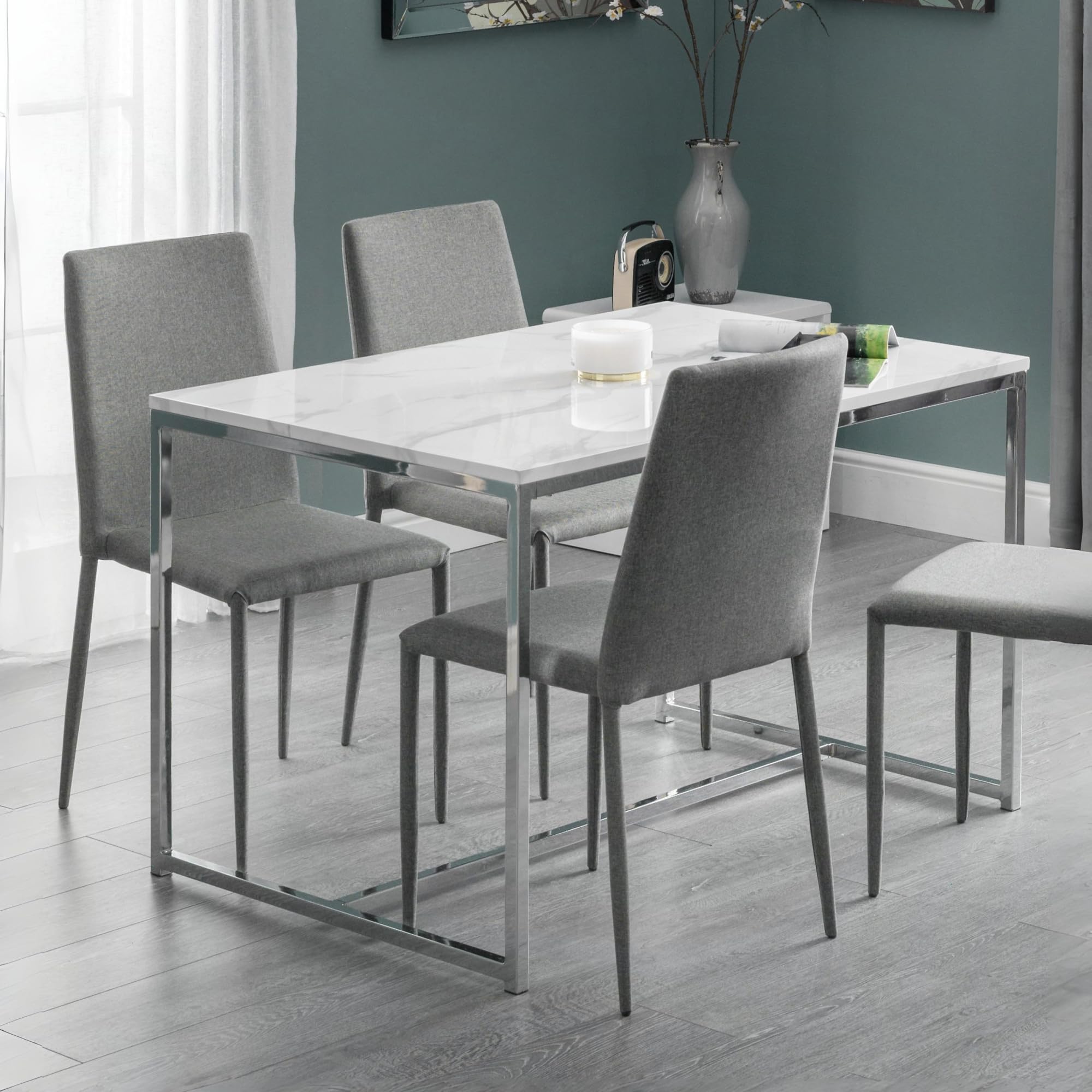 Scala Dining Table 1.2m White Marble & Chrome - Julian Bowen  | TJ Hughes